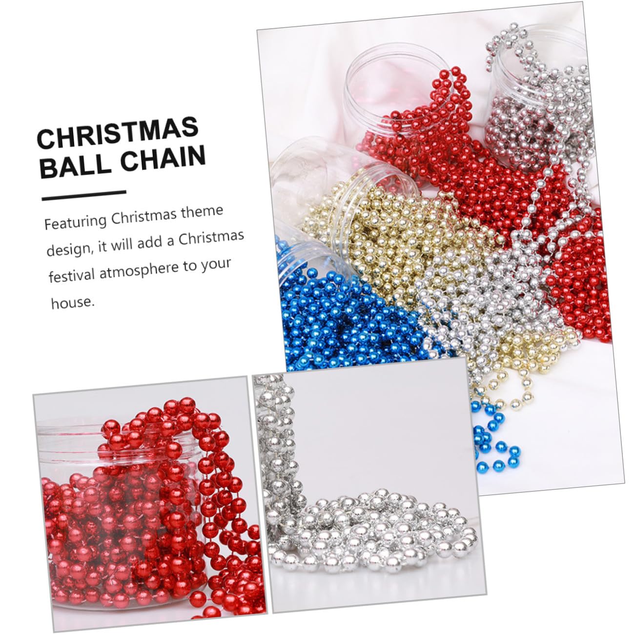 4 Stück Weihnachtskugel Perlenkette aus Kunststoff 8m lang Mehrfarbig Langlebige Weihnachtsbaum und Partydekoration für Innen und Außen