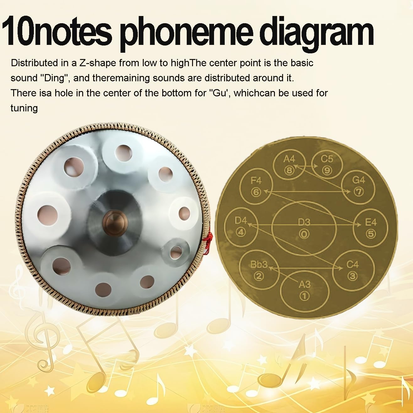 Handpan Drum Tambour en acier mineur D 10 tons 66 cm 440 Hz Instrument de tambour pour yoga, méditation avec sacs à main, support de batterie, chiffon (argenté, 10 tons)