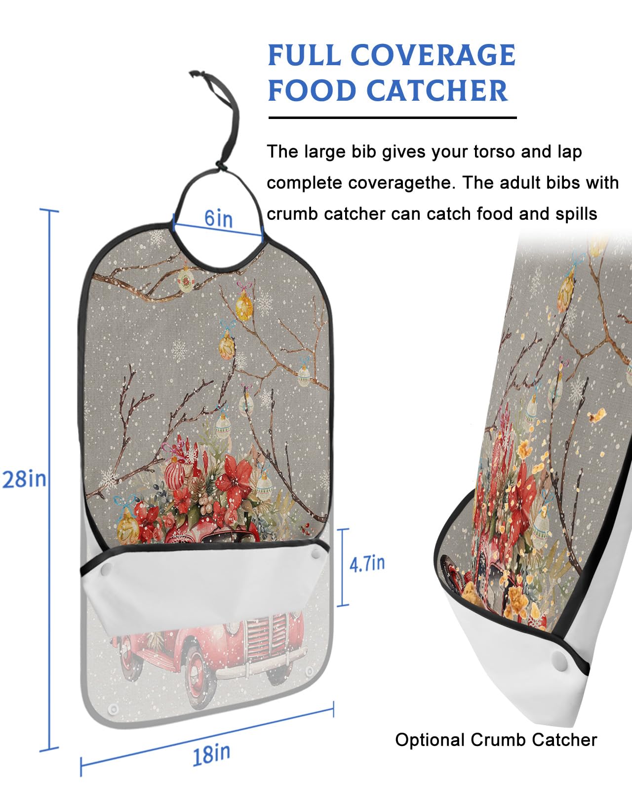 LEOKOTI Grey Truck Christmas Adult Bibs for Eating, Waterproof Bibs with Food Catcher & Snap Closure, Xmas Balls Poinsettia Botanical Rustic Washable Clothing Protectors Adult Bibs for Elderly