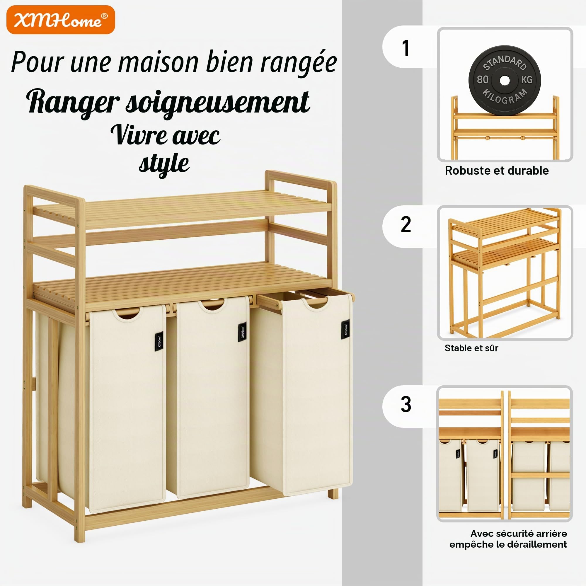 Panier à linge 3 compartiments 148 litres en bambou avec 2 niveaux | Grand panier à linge avec sac amovible Rectangulaire boîte à linge pour salle de bain,chambre et buanderie 77,5x41,3x100,5 cm