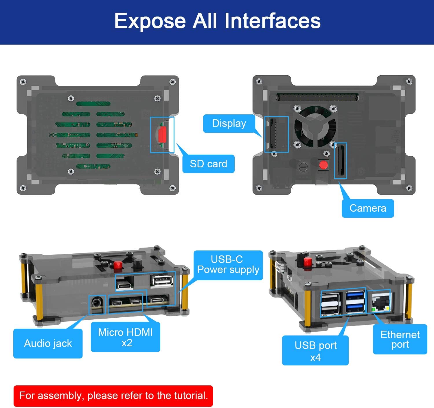Freenove Case Kit for Raspberry Pi 4 B, Adjustable Speed Cooling Fan, Built-in Power Switch, Acrylic Protective Case, USB Cable