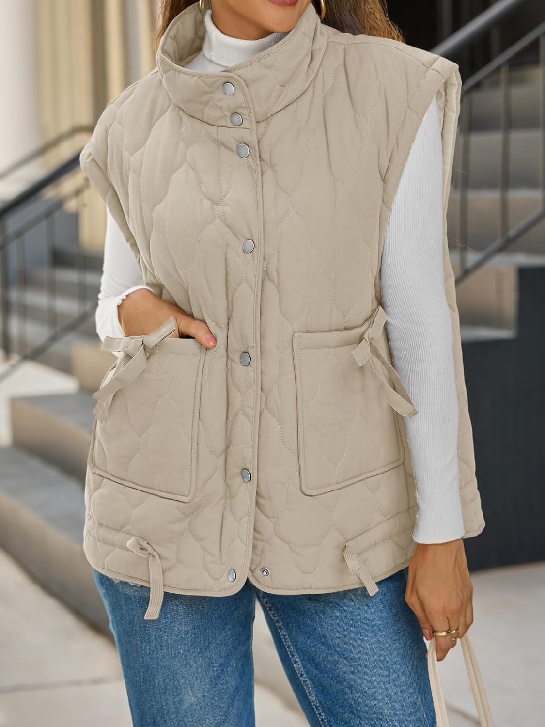 Cicy Bell Womens Puffer Quilted Vest Lightweight Stand Collar Cap Sleeve Jackets Button Down Padded Gilet Winter Outerwear - Image 5