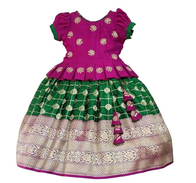 Wommaniya Impex New Rani Green pattu pavadai Jecquard Lehenga choli for girls