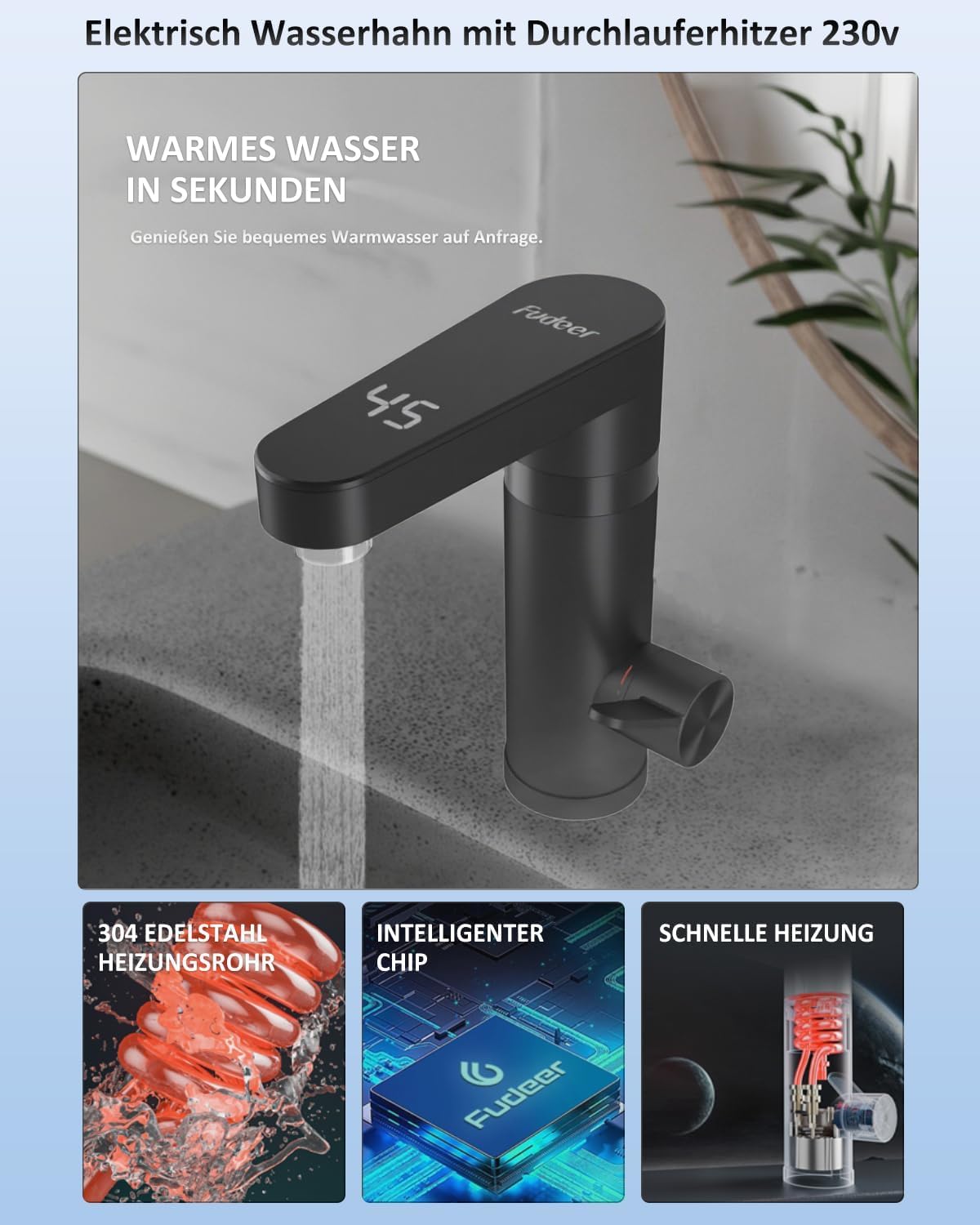 Warmwasserhahn Dlektrisch, Elektrischer Heiß- und Kaltmischer Wasserheizhahn mit digitaler Anzeige, 3300W Wasserhahn mit Durchlauferhitzer Elektrischer Hahn für Waschbecken (Schwarz)