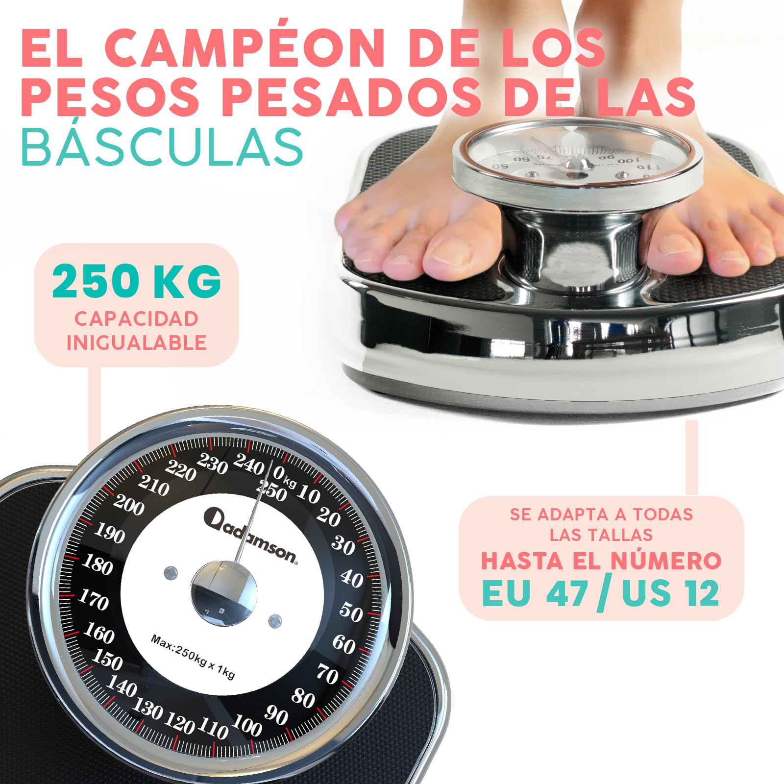 Adamson A28 - Báscula de baño analógica - Hasta 250 kg - Números grandes y base antideslizante - Balanzas para baño de alta precisión - 20 años de garantía - Para casa, dormitorio - NUEVA