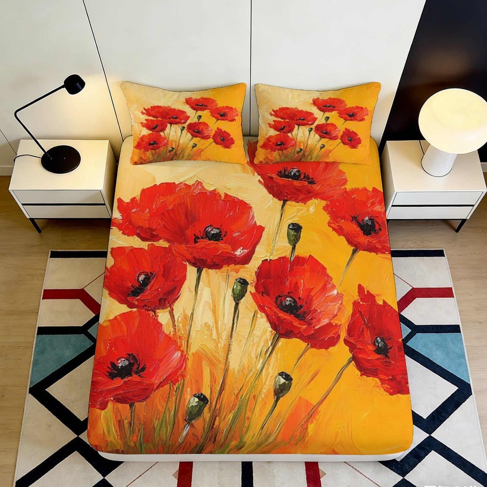 3D Printed Red Poppy Floral Fitted Sheet Microfiber Soft Anti-Slip Artistic Mattress Cover for Bedroom Dorm Décor 90x200x25cm