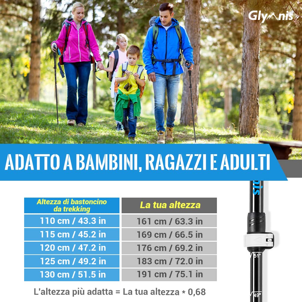 Glymnis Bastoni Trekking Bastoncini da Trekking Pieghevoli e Antiurto 110-130cm 5 Sezioni in Alluminio 7075 Impugnatura in Eva Punta in Carburo di Tungsteno per Escursioni 1 Paio