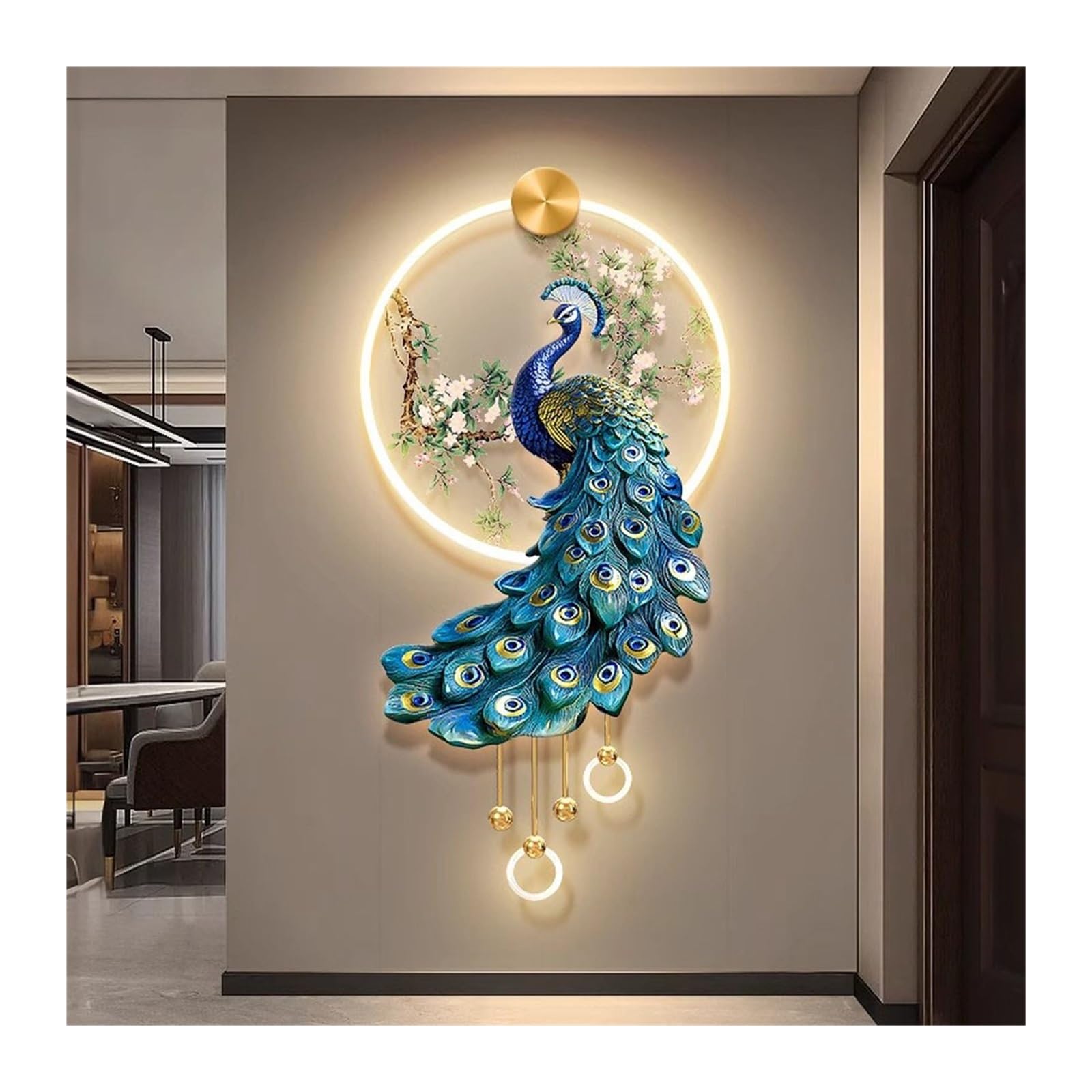 AZQOHMIS 3D Peacock Wall Sculpture with LED Light, Elegant Metal Wall Art for Living Room and Office Decoration