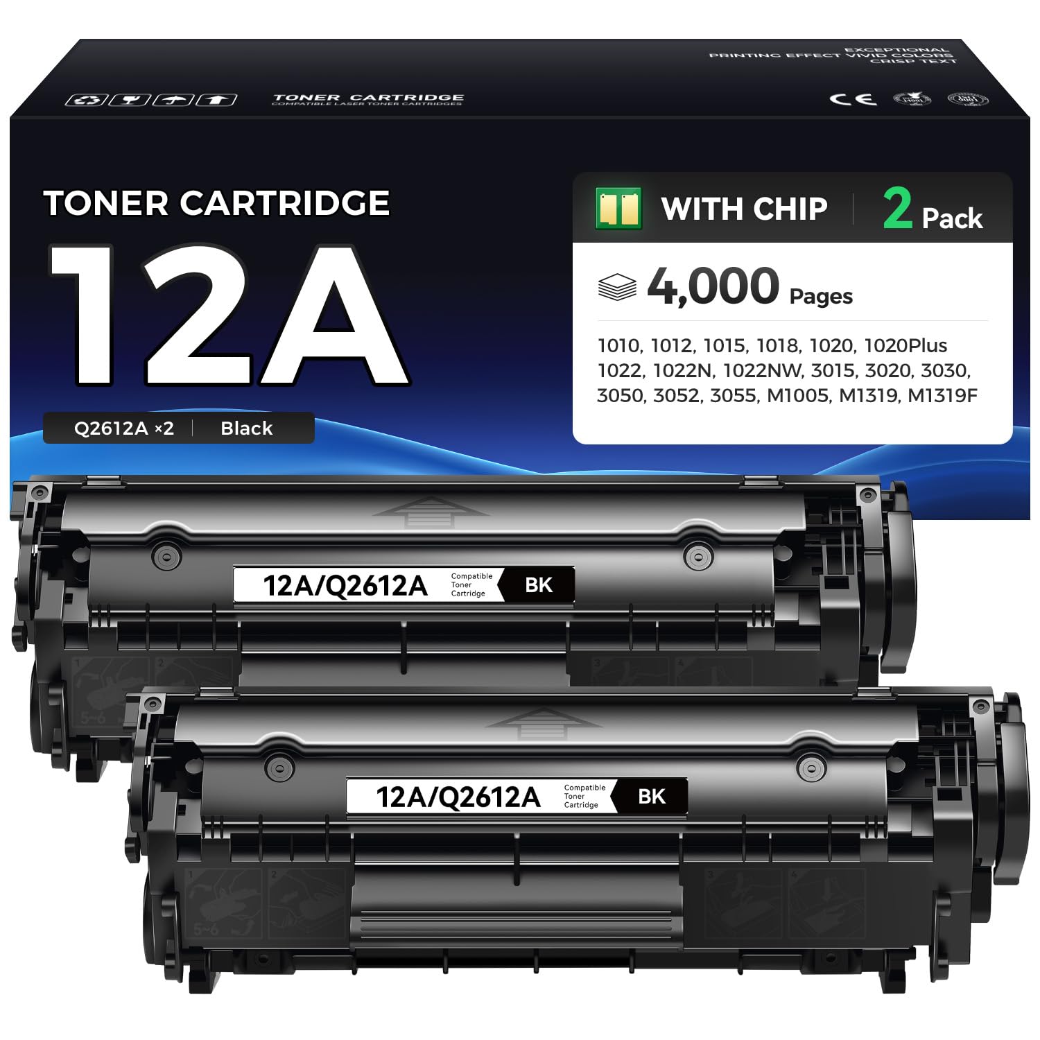 12A Toner Cartridge Black 2-Pack Replacement for HP 12A Q2612A Compatible with HP LaserJet MFP M1005 M1319f 1010 1012 1015 1018 1020 Plus 1022 1022n 1022nw 3015 3020 3030 3050z 3050 3052 3055 Printer