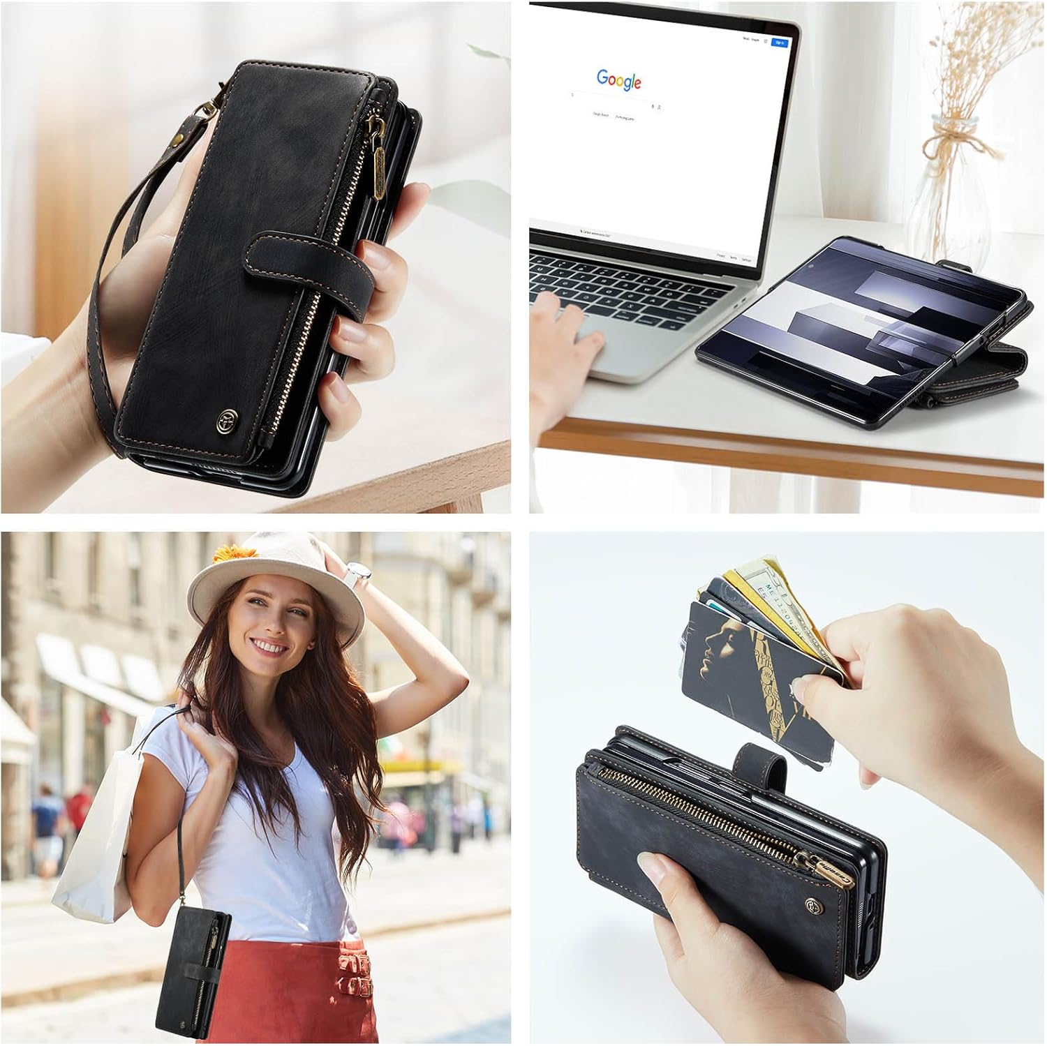 CaseMe Wallet Case for Samsung Galaxy Z Fold 6, Multifunction Handmade Premium PU Leather Zipper Flip Shockproof Case Built-in [Magnetic Closure] [Kickstand] [Card Slots] for Galaxy Z Fold 6 (Black)