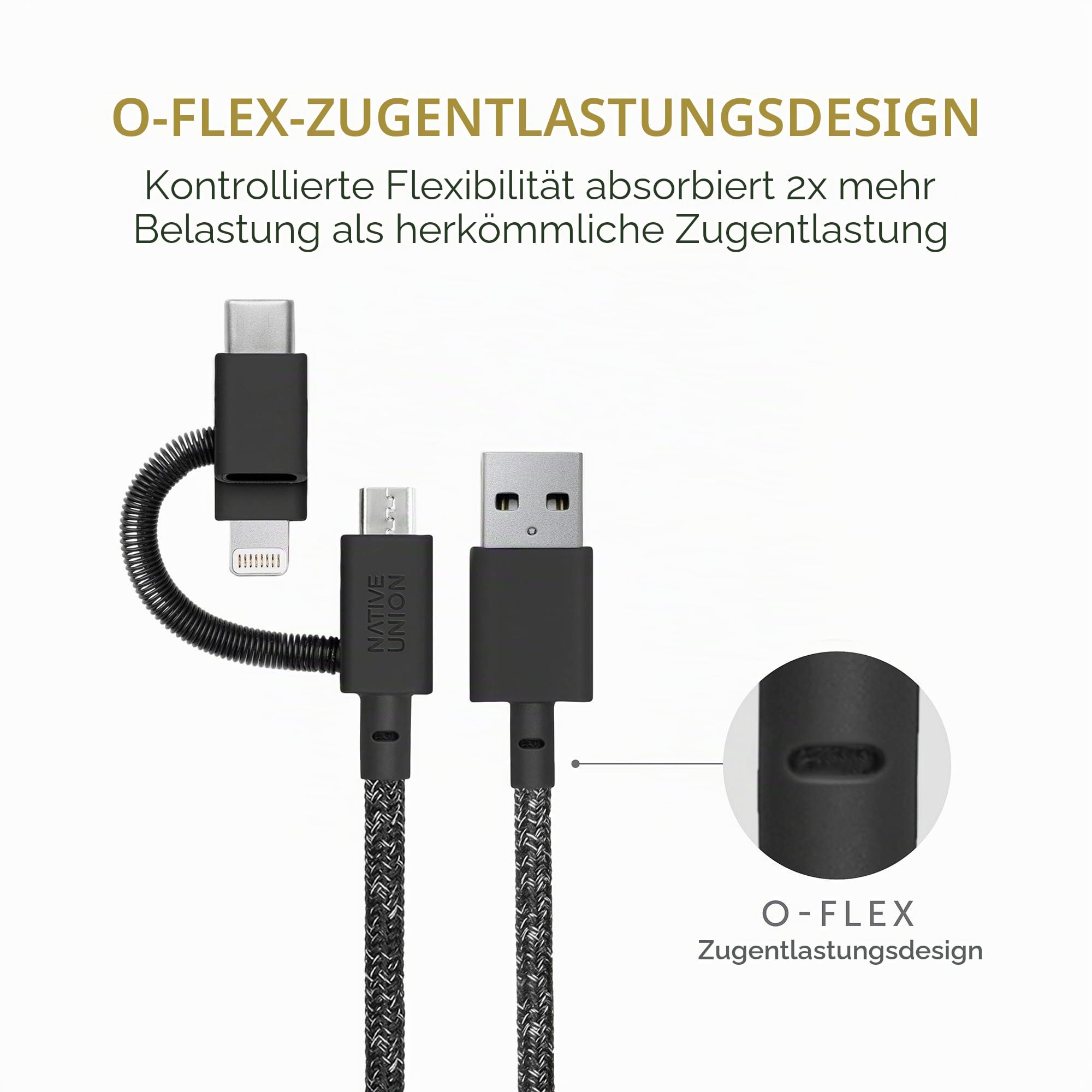 Native Union Belt Cable Universal - 2m (6,5 ft) Langes, Ultrastarkes, [MFi-Zertifiziert], Verstärktes Ladekabel mit 3-in-1 Adapter für Lightning-, USB-C- und Micro-USB-Geräte (Cosmos)