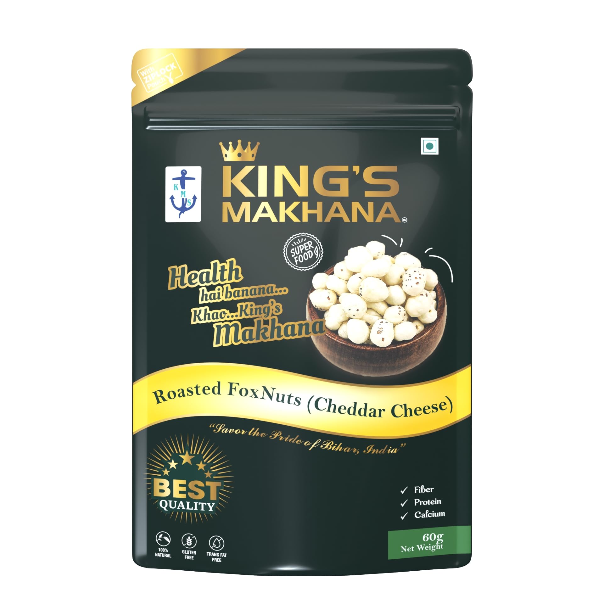 BIG SIZE King's Makhana - Premium Roasted Foxnuts (Cheddar Cheese) | Big Size Makhana | Healthy & Crunchy Snack | Resealable Zip-Lock Pack for Freshness | 60g-image-29