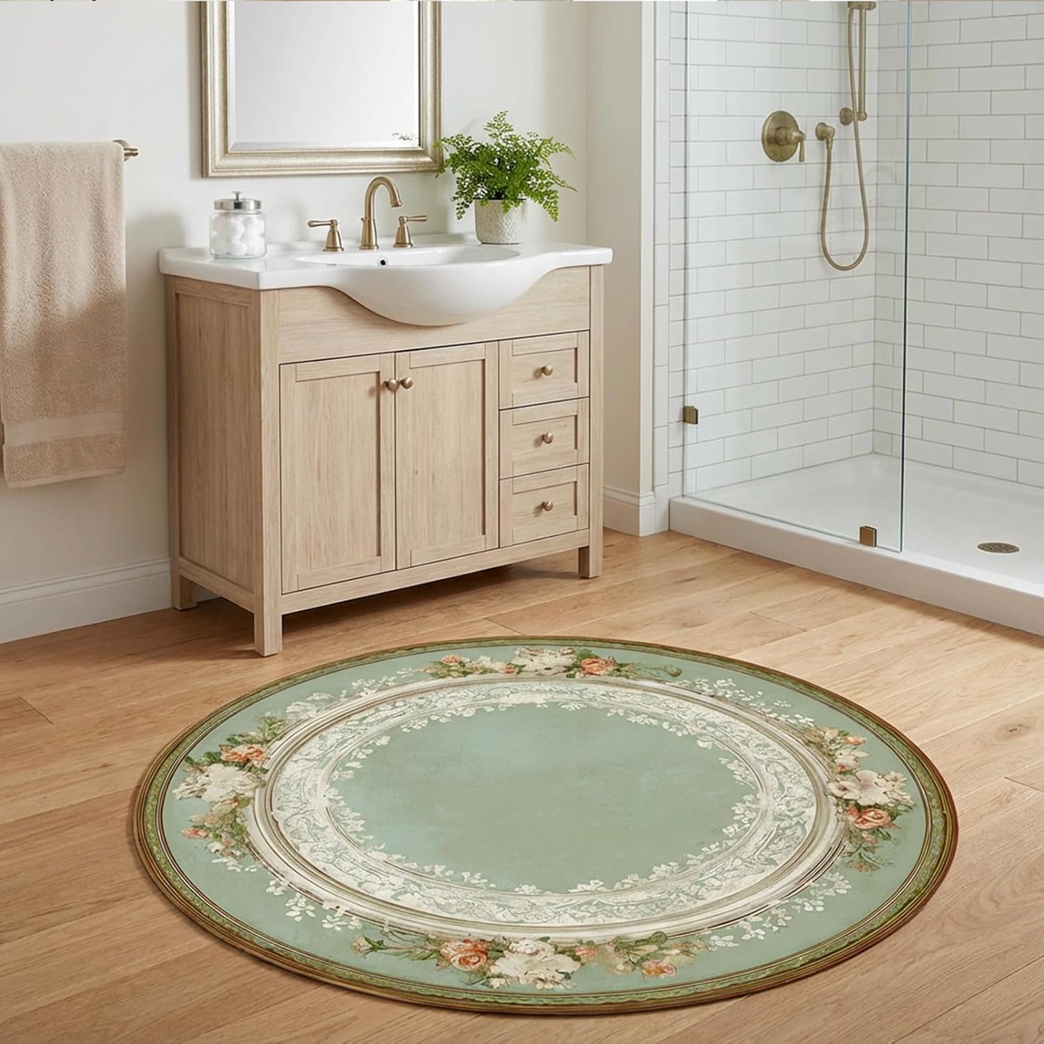 Vintage Floral Round Area Rug Non-Slip Green Circle Rugs for Living Room Bedroom Playroom Decor 6' Diameter
