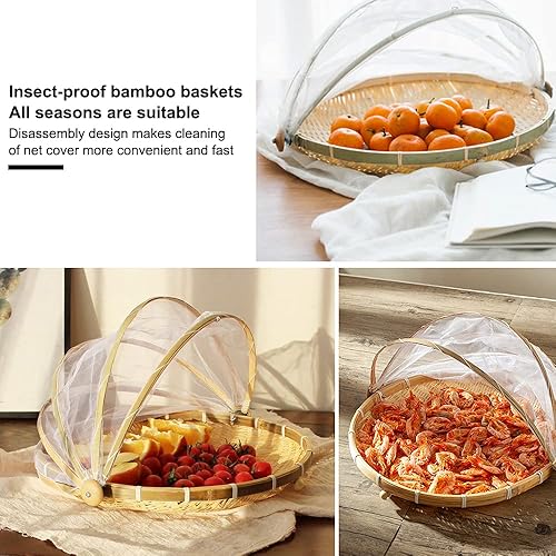 Miniatura 5 de Cesta de bambú para servir alimentos, cesta de picnic redonda a prueba de polvo con cubierta de gasa de malla para verduras, frutas, pan y
