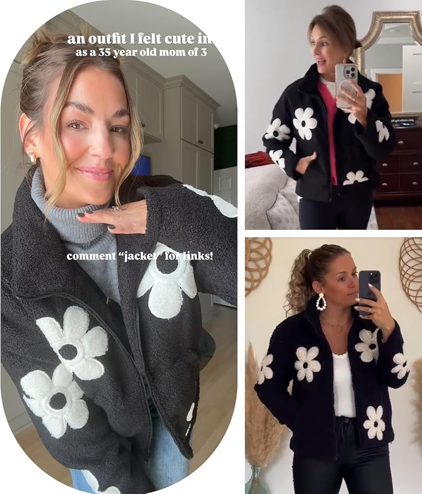 Maixang Womens Floral Print Sherpa Fleece Jackets Winter Zipper