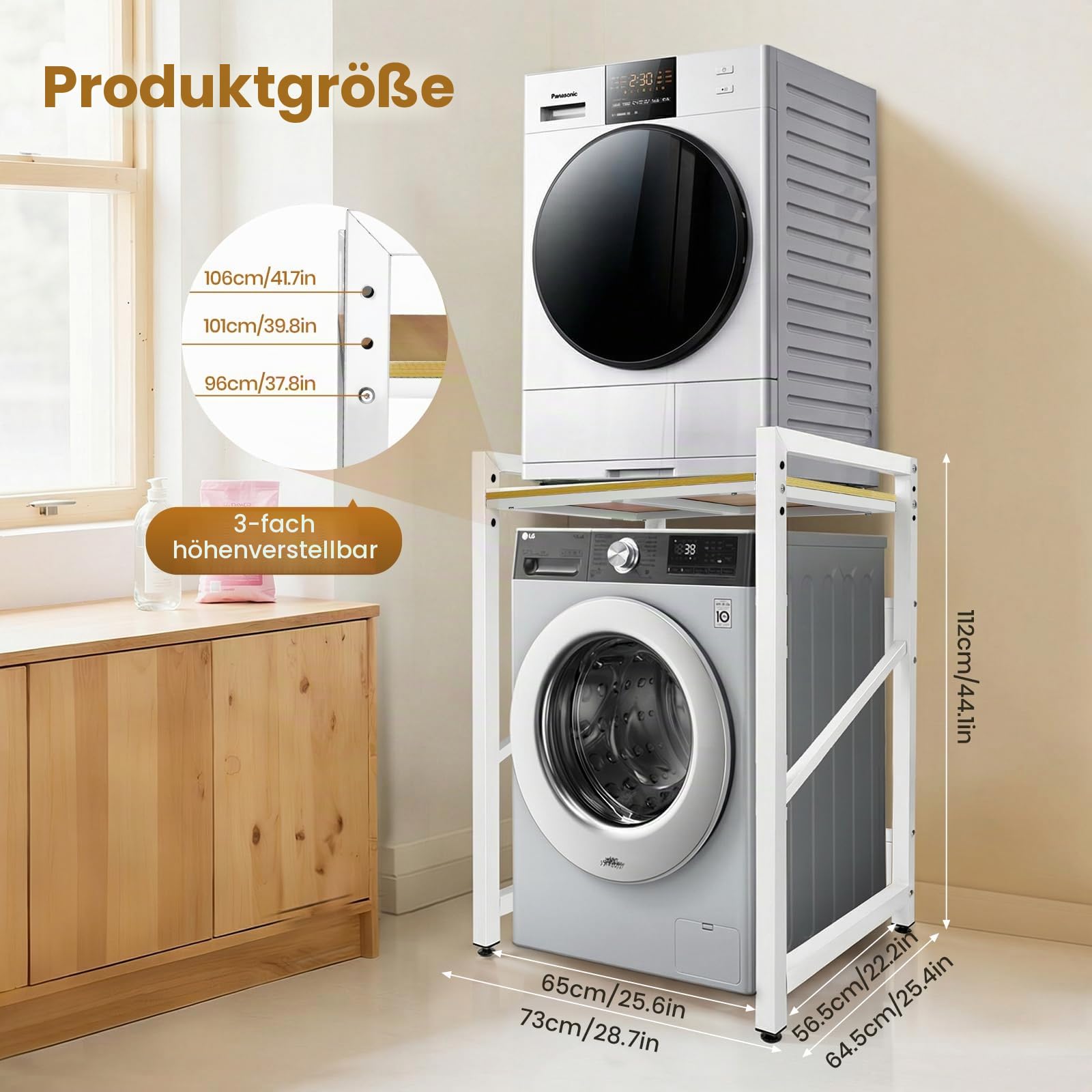 Regal über Waschmaschine(73x64x112CM), Tragkraft 350kg/770lbs Waschmaschinenschrank, Dreistufig Höhenverstellbar (96-101-106CM) Waschmaschinenregal, Verbindungsset für Waschmaschine und Trockner