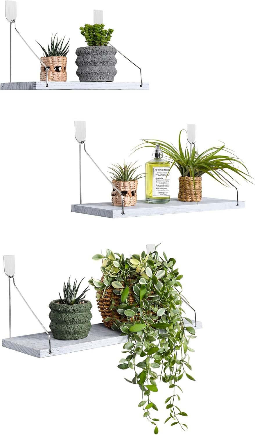 MITIME Floating Shelves Set of 3 Rustic Solid Wood Floating Shelf Wall Storage Shelves for Living Room, Bedroom, Bathroom, Kitchen Laundry, Office,no Drill Shelf(Grey and White Colour L+M+S)