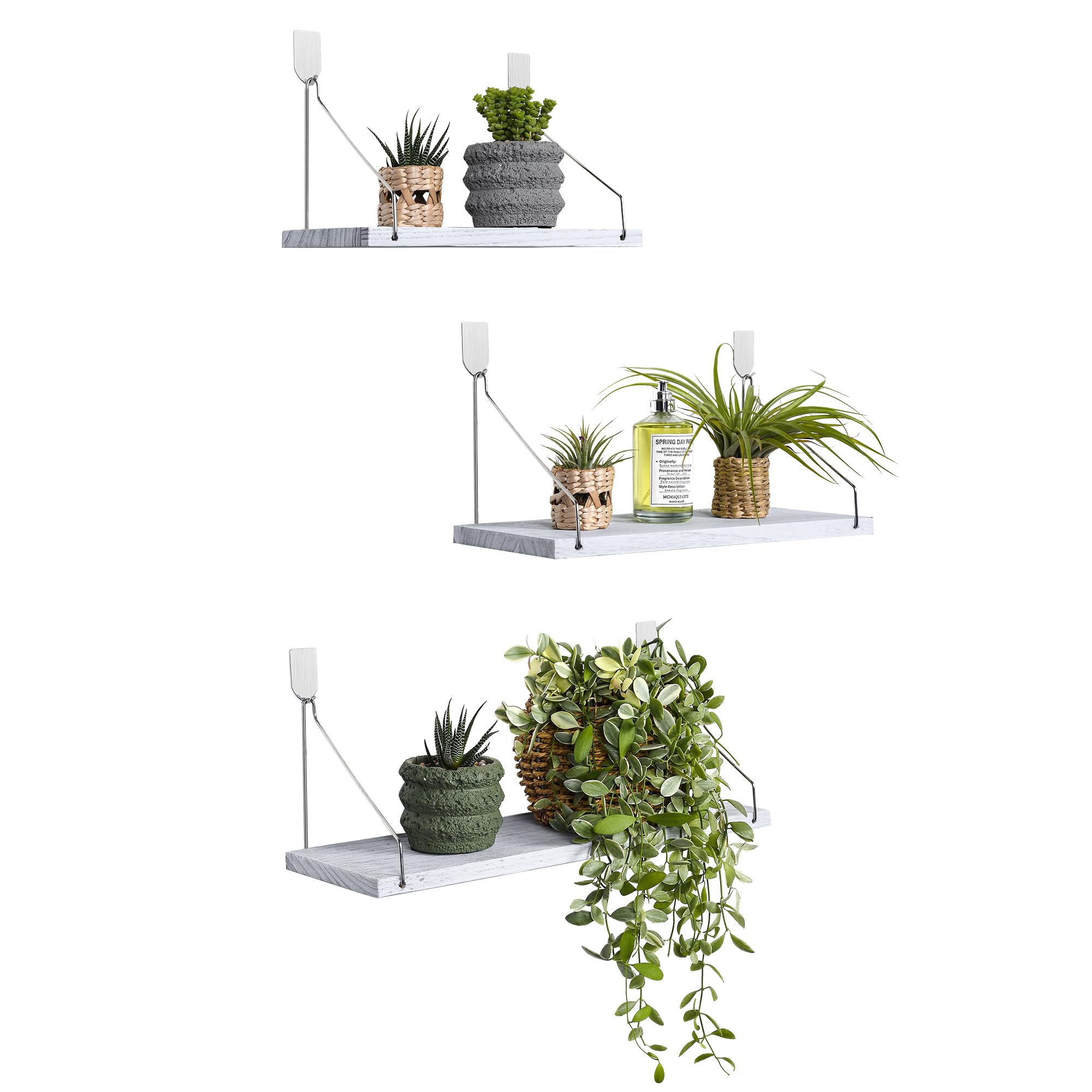 MITIME Floating Shelves Set of 3 Rustic Solid Wood Floating Shelf Wall Storage Shelves for Living Room, Bedroom, Bathroom, Kitchen Laundry, Office,no