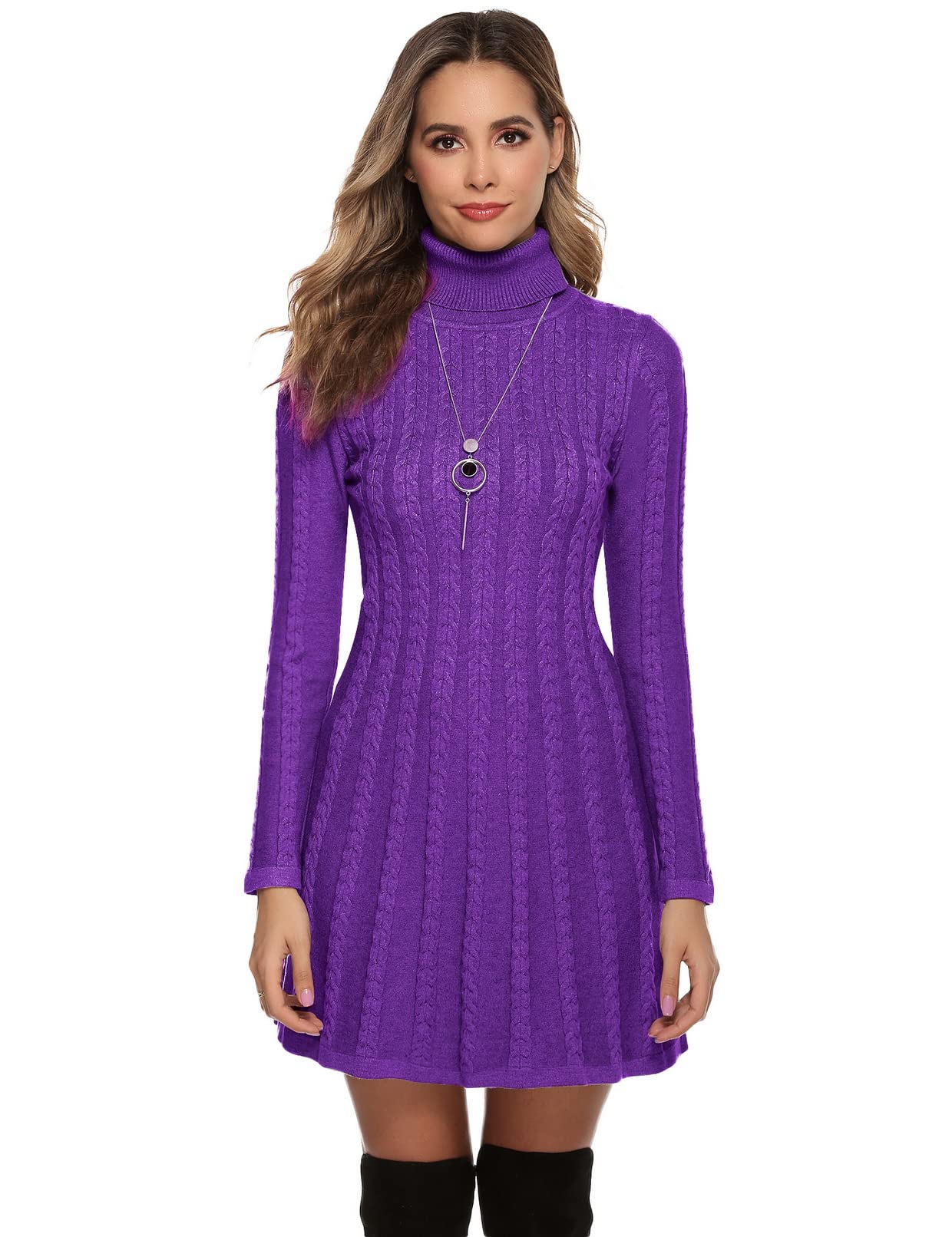 Gyabnw Vestito Casual Donna Invernale in Maglione Abito Vita Alta Elegante in Girocollo di Orlo Svasato Abito Linea A in Maglia al Ginocchio Caldo di Moda Treccia Ritorta