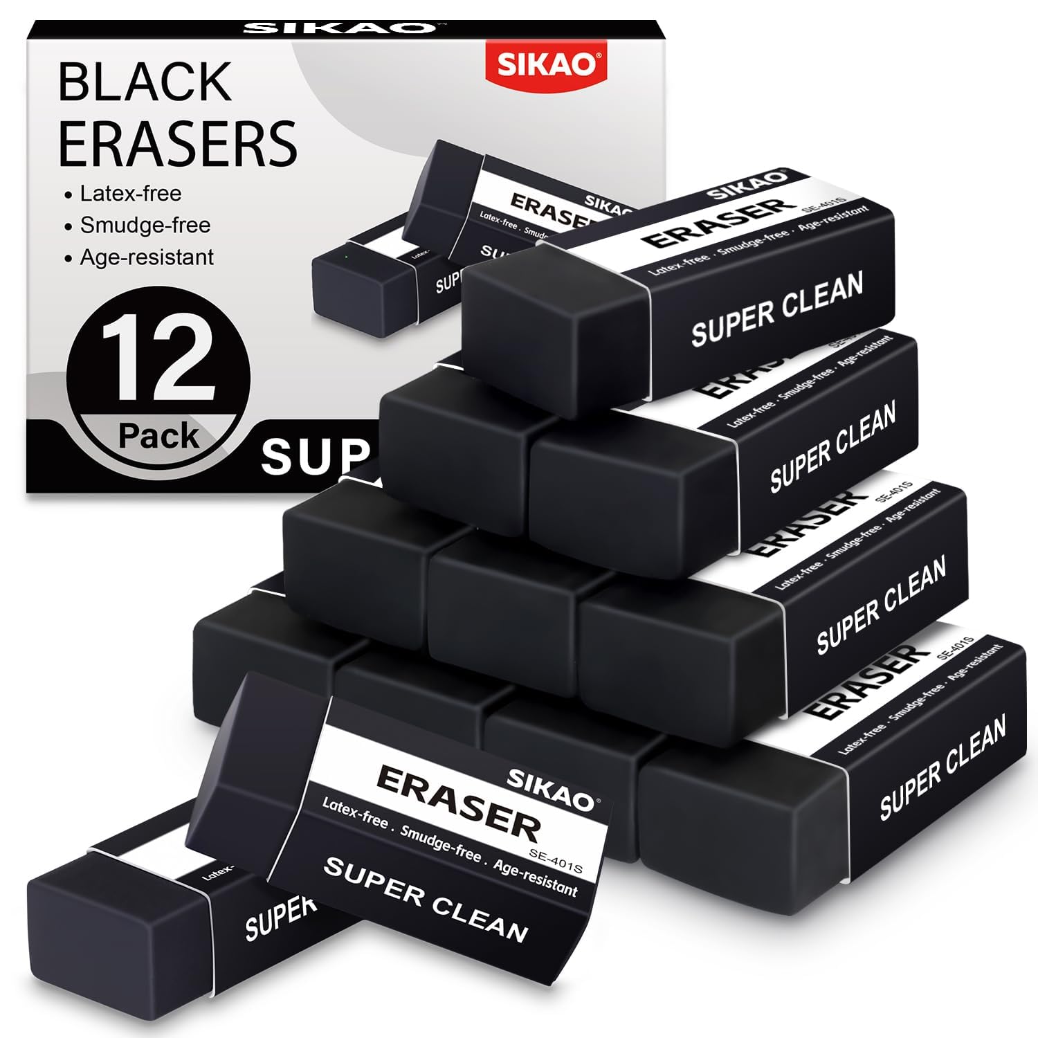Black Erasers, 12 Pack Block Pencil Erasers – Smudge-Free Latex-Free Art Erasers for Kids & Adults Artists, Clean Erase for School, Homework, Office & Drawing
