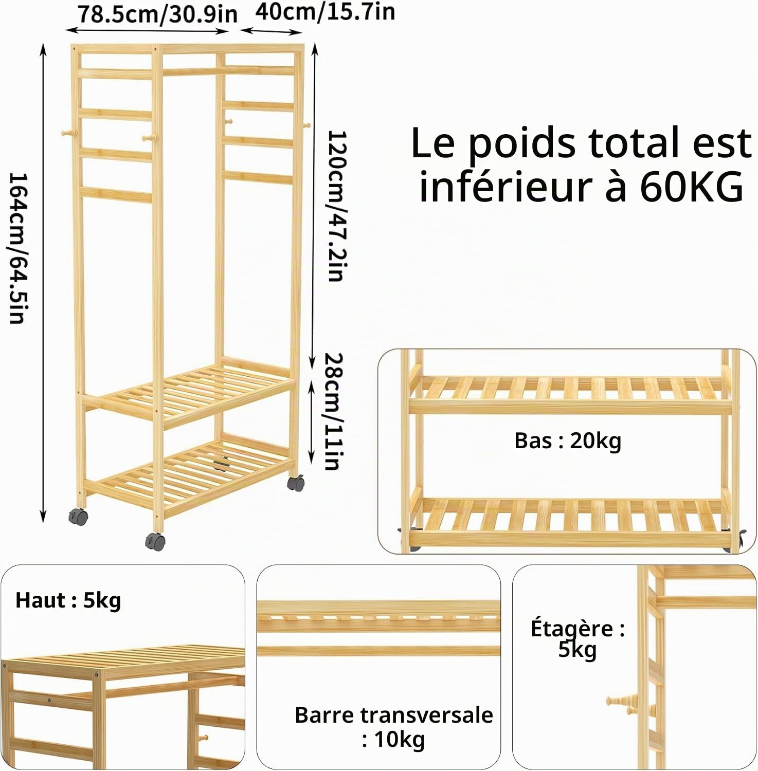 unho Porte Vêtements sur Pieds Roulant: Armoire Ouverte Penderie Bambou Porte Manteau et Chaussures avec 1 Barre et 4 Patères Idéal pour Maison Salon Chambre Entrée - 78x41x169cm