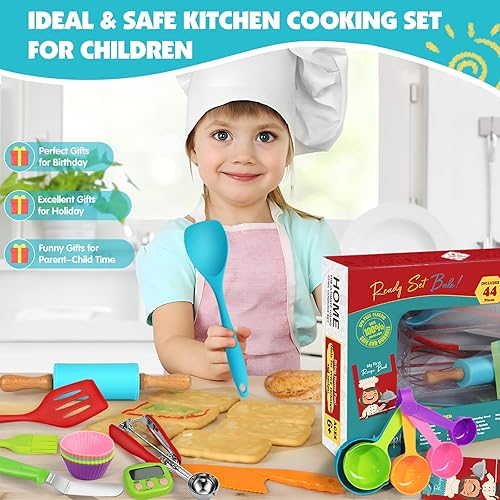Miniatura 7 de Juego de 44 piezas de cocina y hornear para niños para cocina real, cuchillo seguro para niños y herramientas de cocina con libros de cocina,