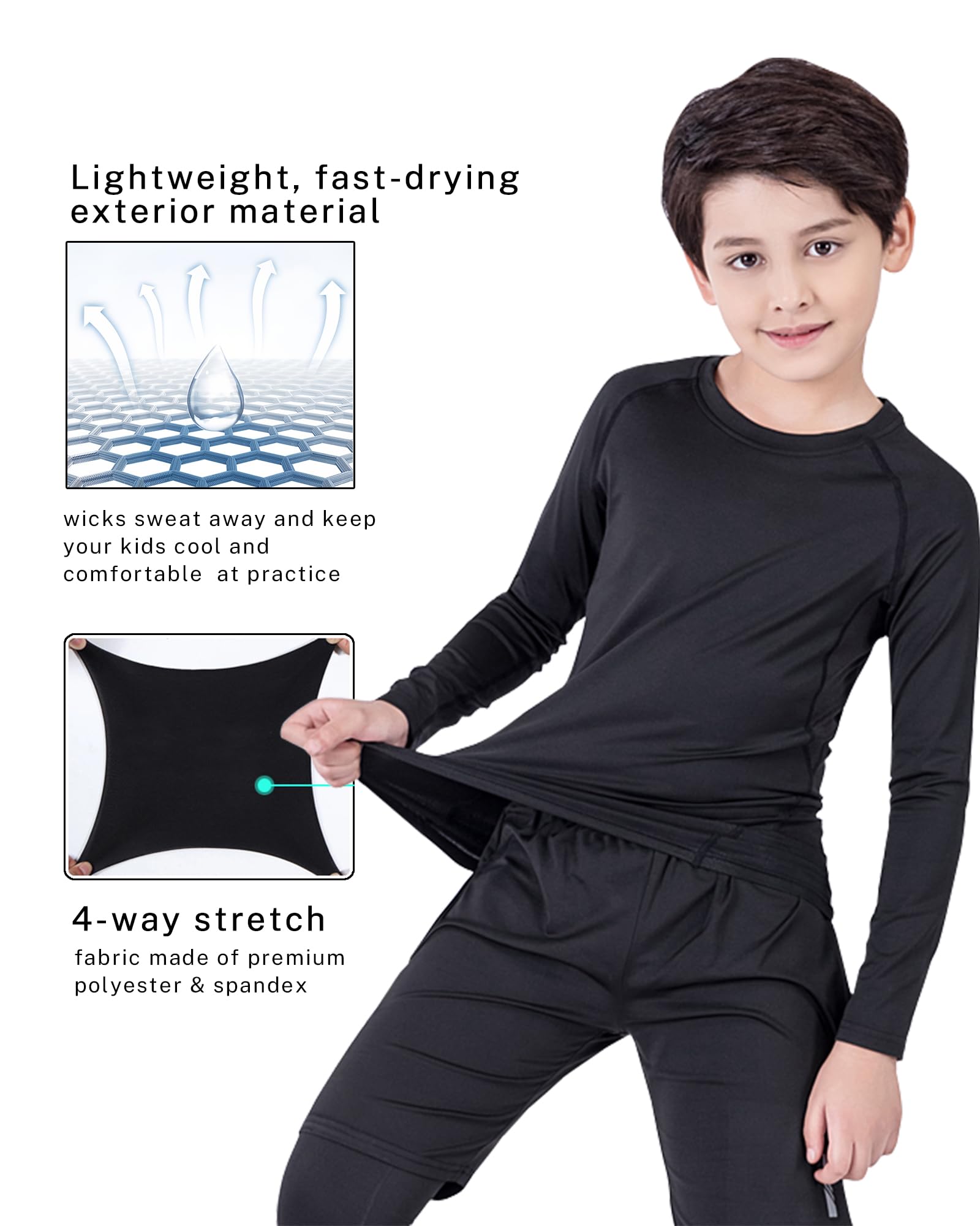 AYESZEQ 2 Pack Youth Boys & Girls Long Sleeve Compression Shirts Sports Base Layer for Kids Cold Gear Black Line M