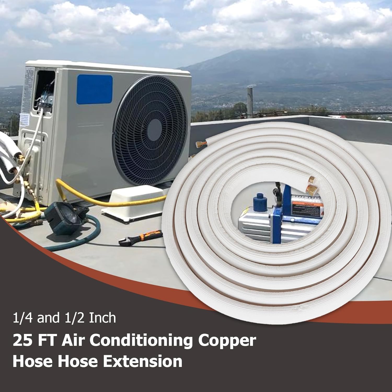 25 FT Air Conditioning Copper Hose Hose Extension, 1/2 and 1/4 Inch Thickened Insulation Cotton Fit for Mini Split Air Conditioner with Nuts