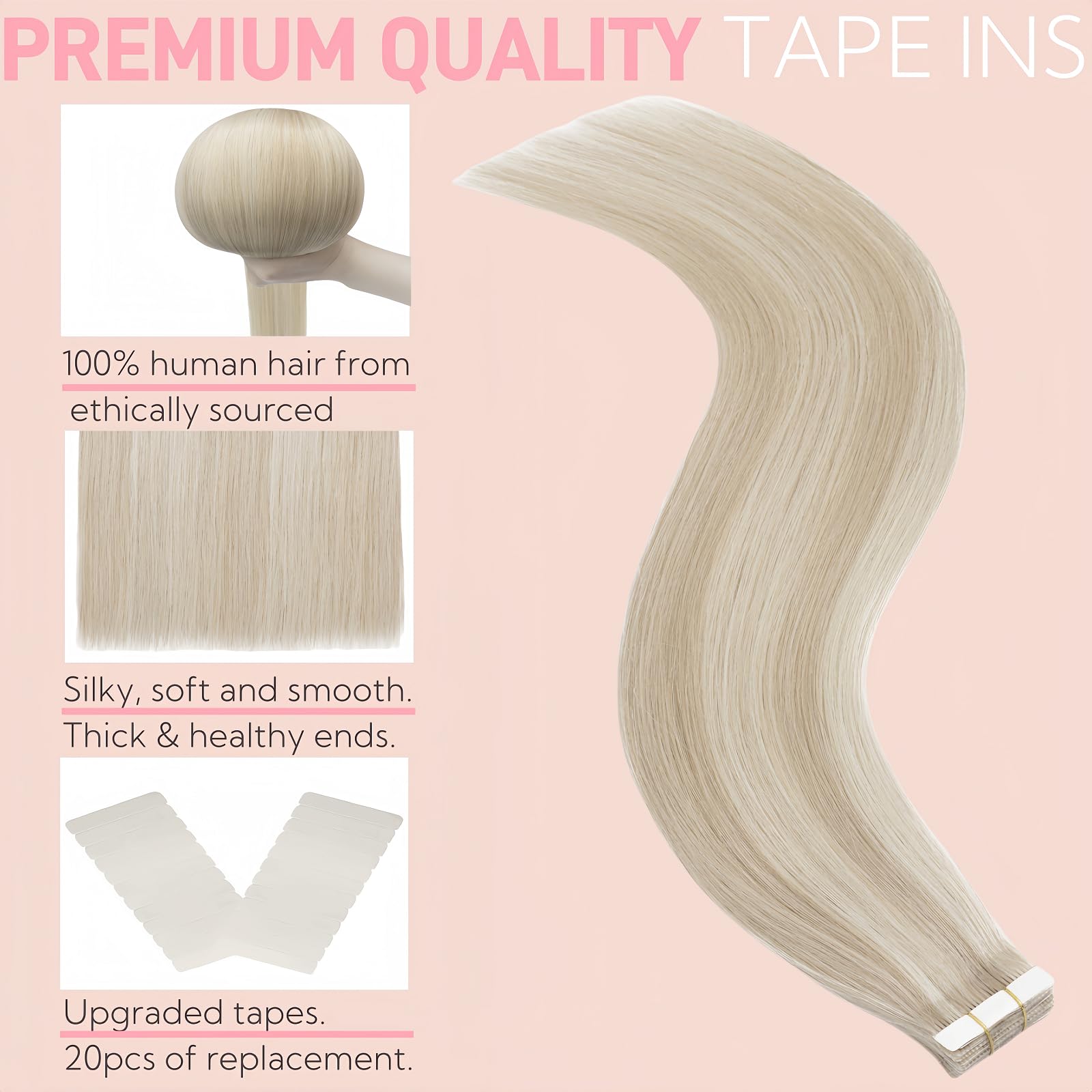 FUOTONBUTY Tape in Hair Extensions Human Hair Double Stitched Invisible Seamless Tape ins 20pcs 50g (Balayage Wheat Blonde to Bleach Blond - Image 3