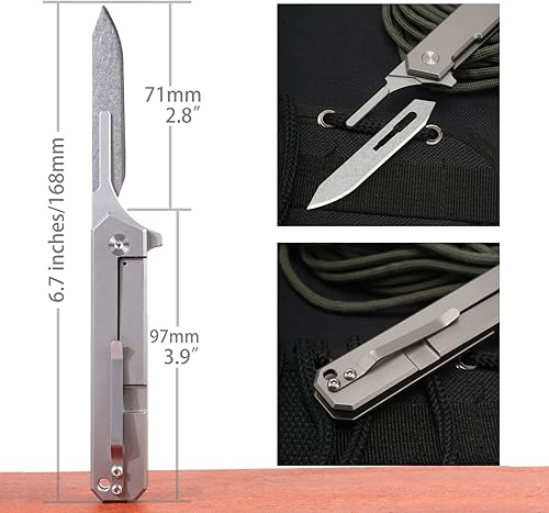 Miniatura 2 de T37 - Cuchillo de bisturí plegable de titanio, 6 cuchillas 440C #60, cuchillos compactos delgados para caballero reemplazables EDC con clip de