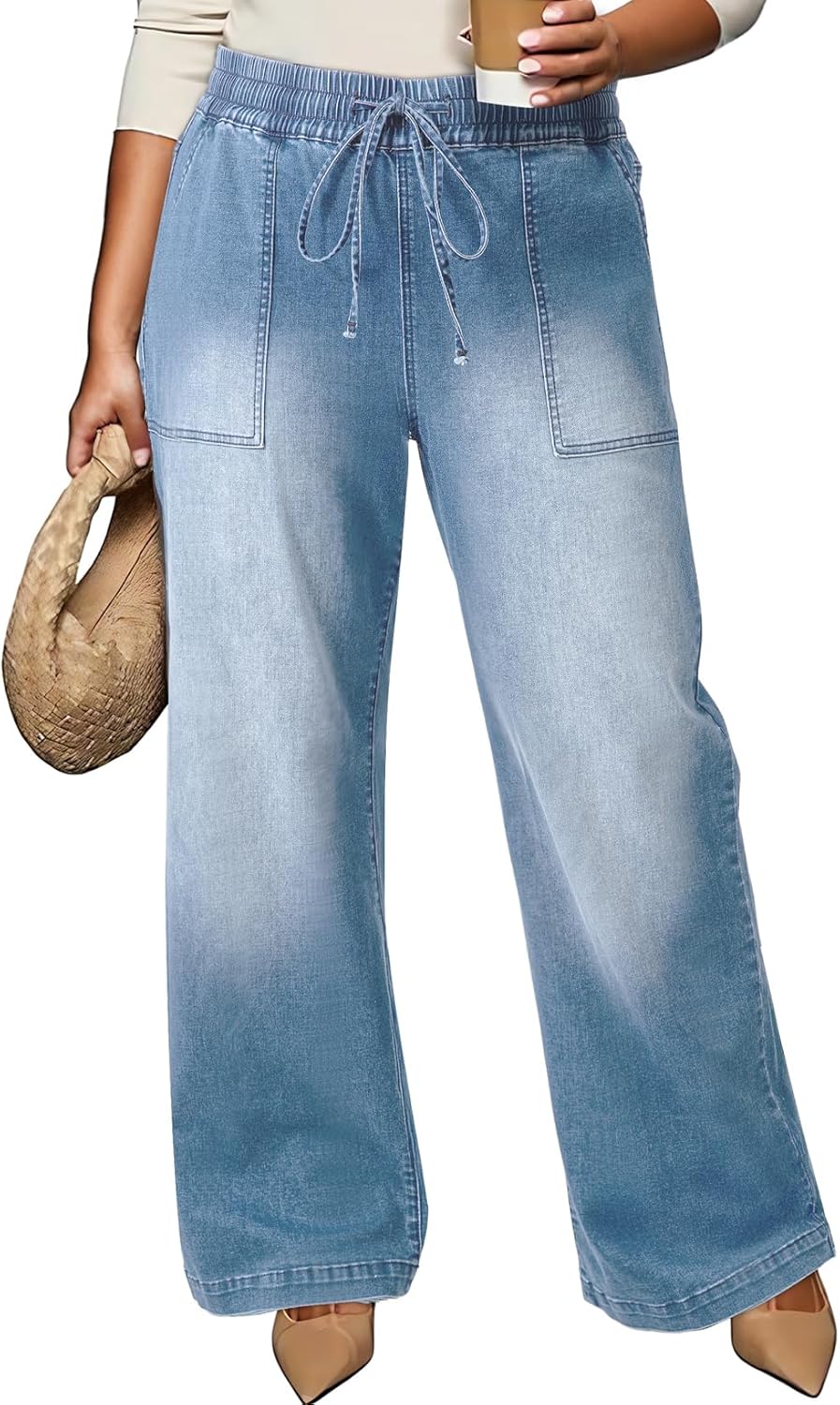 Eytino Womens Plus Size Jeans High Waisted Straight Leg Wide Leg Jean Trendy Stretchy Drawstring Denim Pants(1X-5X)