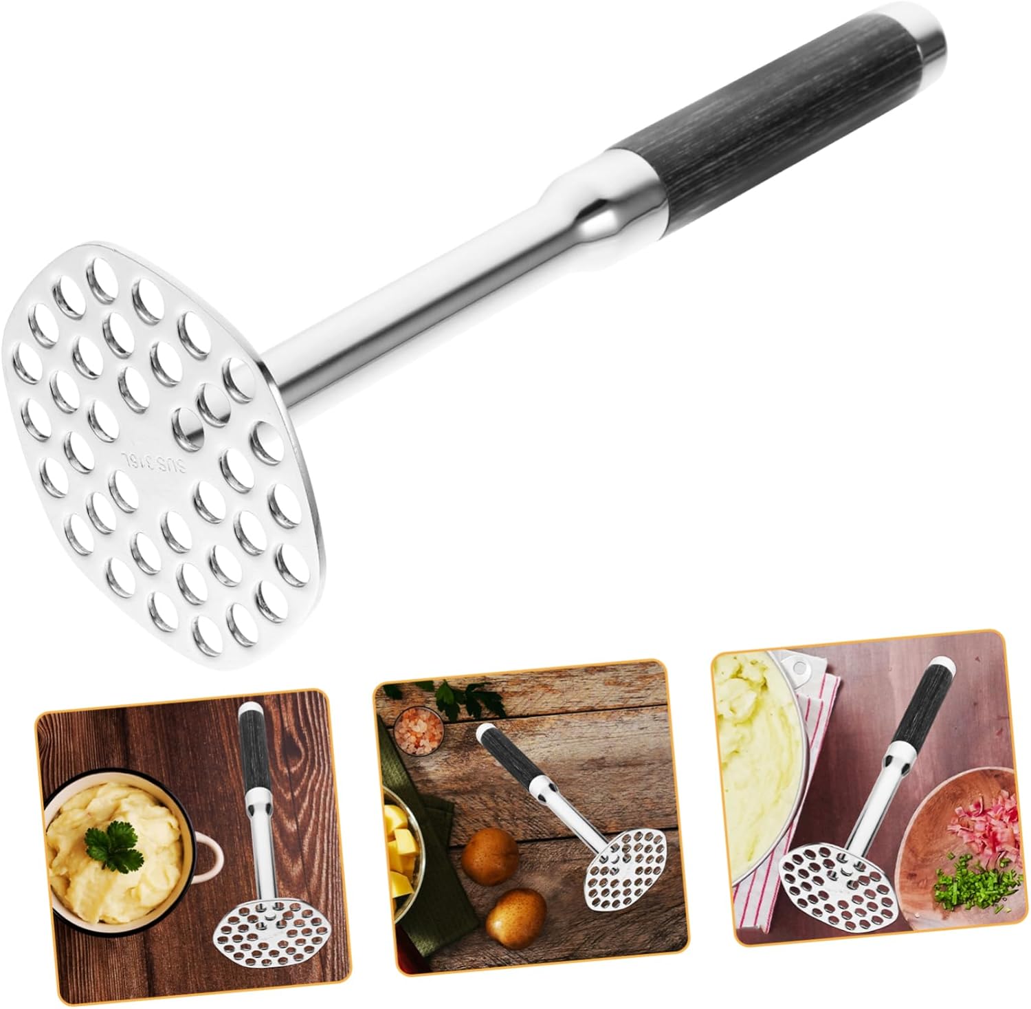 PRETYZOOM Stainless Steel Long Handle Potato Masher for Effortless Mashing Versatile Kitchen Tool for Vegetables and Fruits for Home and Restaurant Use