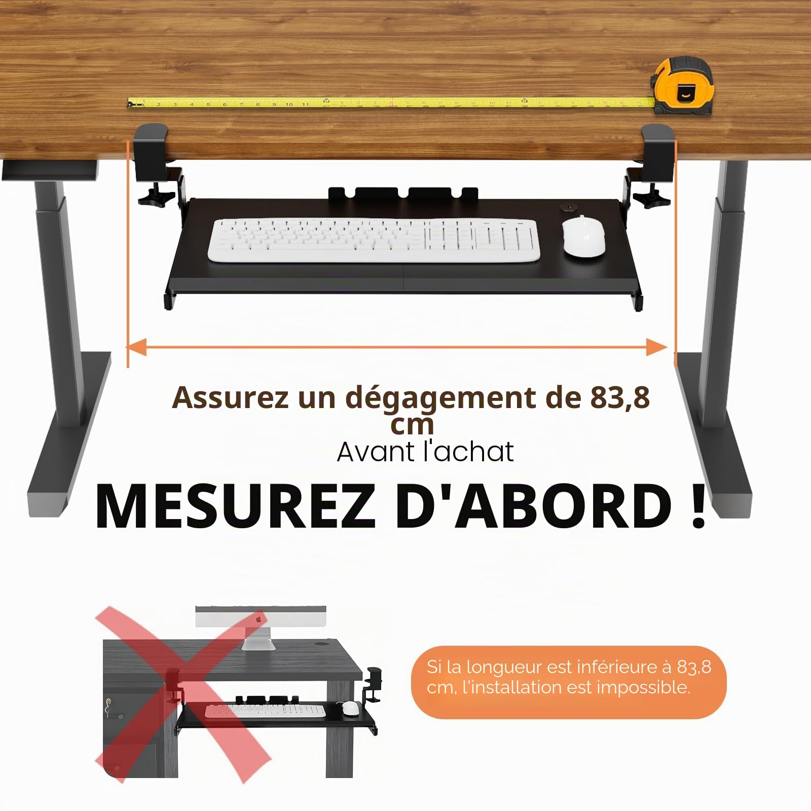 Hemudu Plateau de clavier extractible sous le bureau avec système de fixation en C extra robuste, 27,3 cm (82,5 cm y compris les pinces) x 27,9 cm, plateforme coulissante pour taper sur ordinateur
