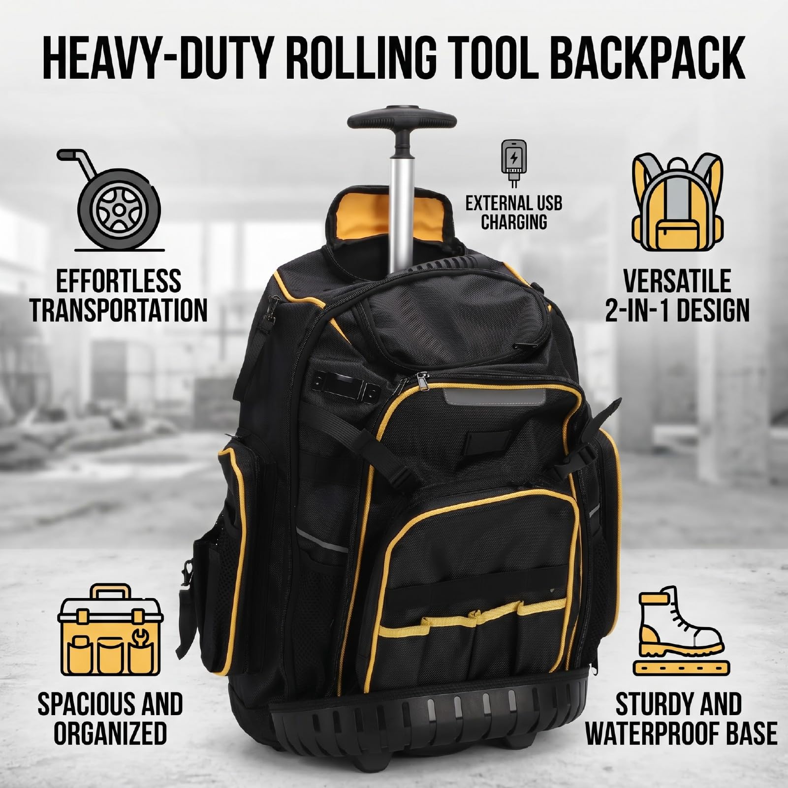 Zunate Mochila para Herramientas con Ruedas Resistente con Base Moldeada Dura, Bolsa de Herramientas con Ruedas para Electricista, Fontanero, Técnico de HVAC, Mochila para con 2 en 1, Resistente Al