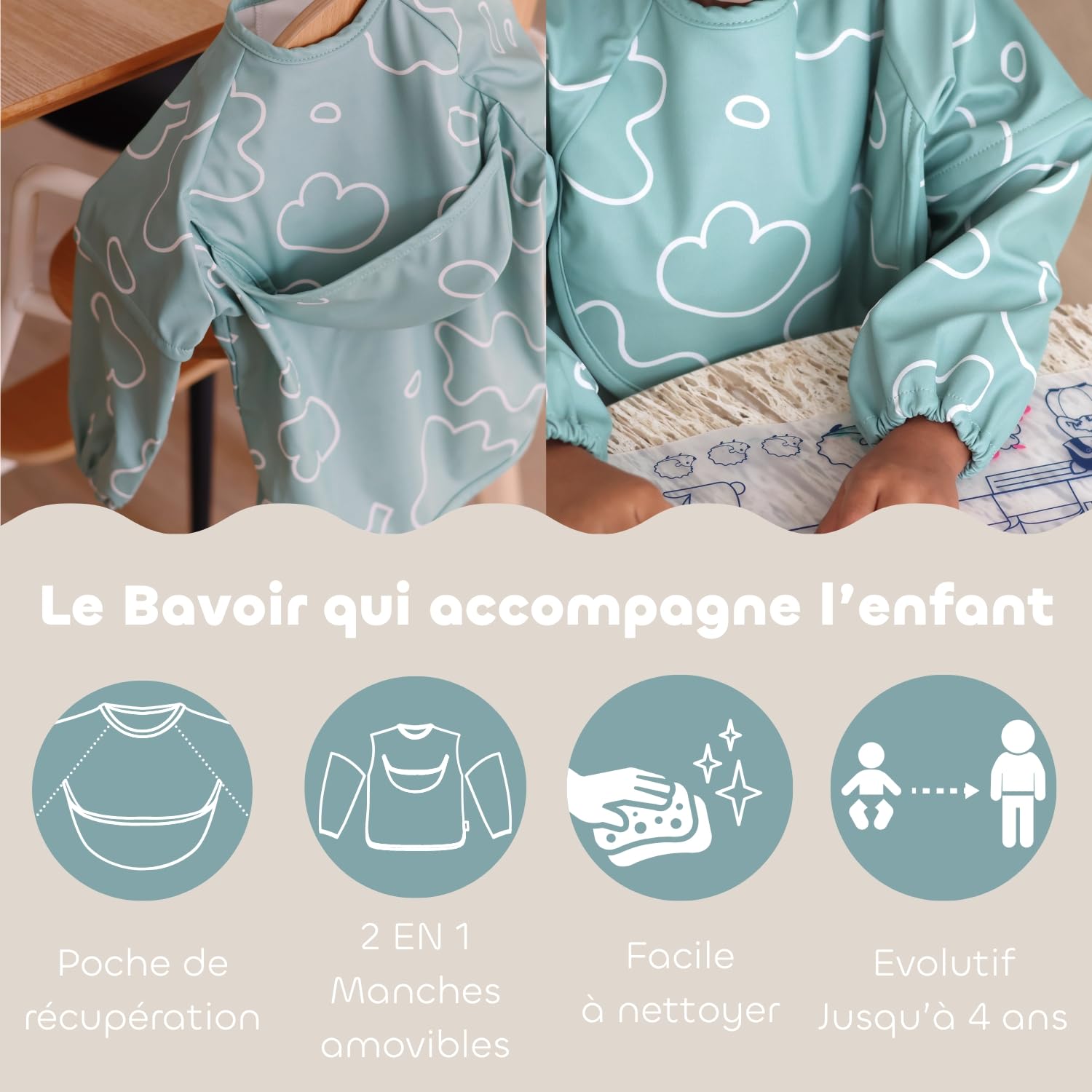 BÉABA Coffret Repas Bébé – Cadeau Naissance Complet Dès 4 Mois – Assiette Inox Micro-Ondes, Pré-Couverts Ergonomiques, Bavoir à Manches, Boîte Souvenir – Matériaux Sains et Durables, Vert Sauge