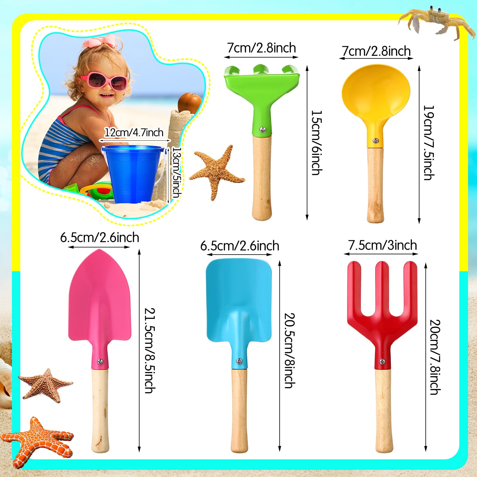 Halloscume 9 Pcs Garden Tools for Kids Beach Pails Metal Beach Sand Toy Set with Wooden Handle Sandbox Toy Include Bucket Spoon Fork Trowel Rake Shovel for Boys Girls - Image 2