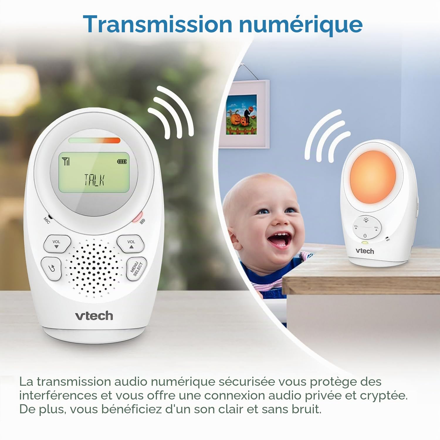VTech DM1211 Babyphone Audio Numérique – avec Technologie DECT, Fonction Interphone, Affichage de Volume LCD, Capteur de Température, Veilleuse et Bien Plus – Unité Parentale et Unité Bébé