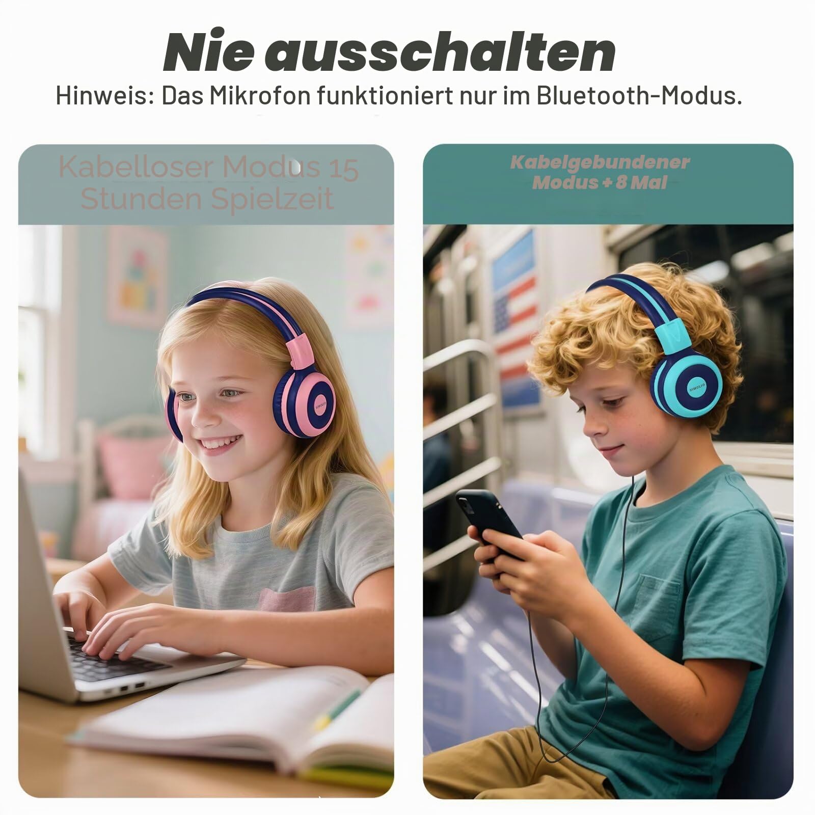 SIMOLIO 2er-Pack Bluetooth Kopfhörer Kinder, Kinderkopfhörer mit 75dB, 85dB, 94dB Lautstärke begrenzt, Bluetooth-Kopfhörer für Teenager mit eingebautes Mikrofon, für Schule und Reise Mint+Rosa