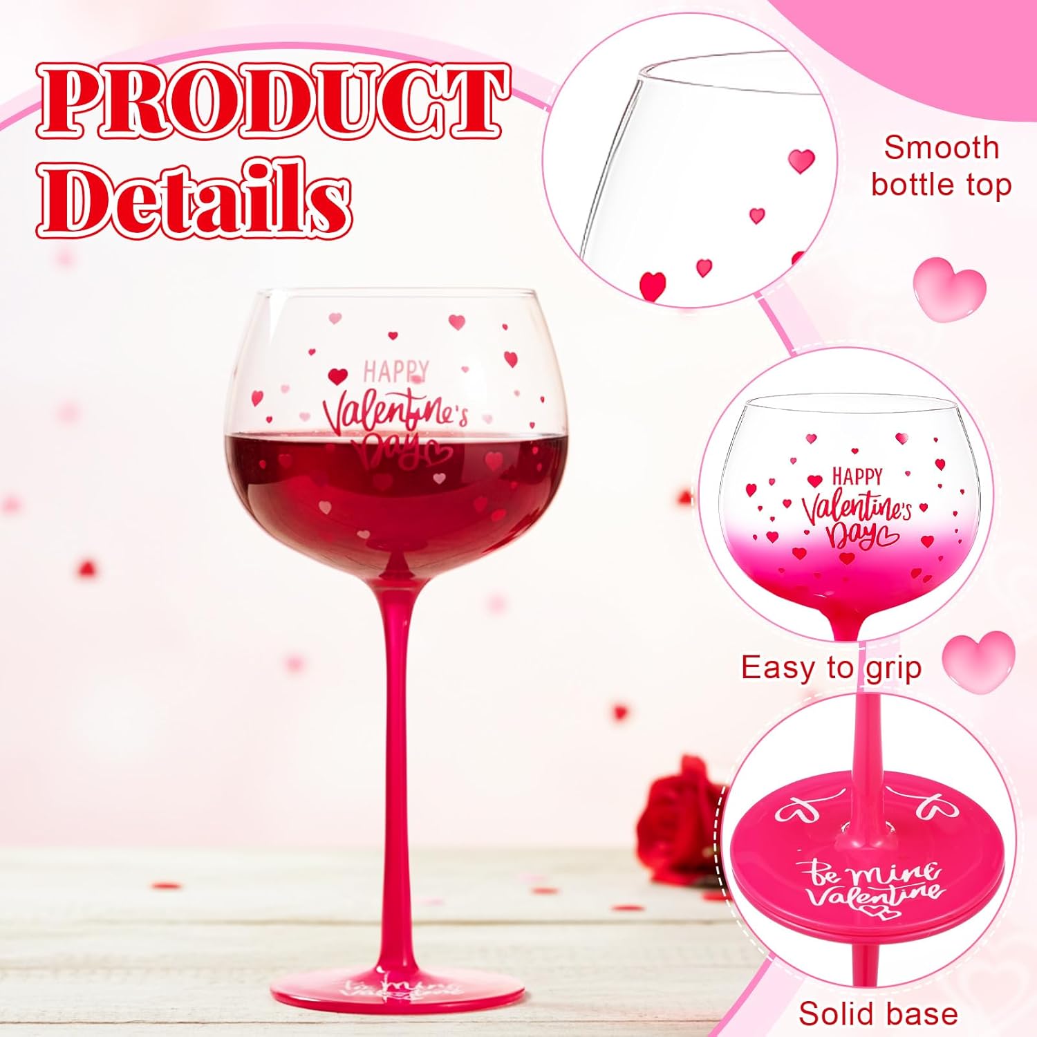 2 Pcs Valentines Wine Glasses 14 oz Love Heart Drinking Glasses Goblet for Valentines Party Supplies Gifts - Image 3