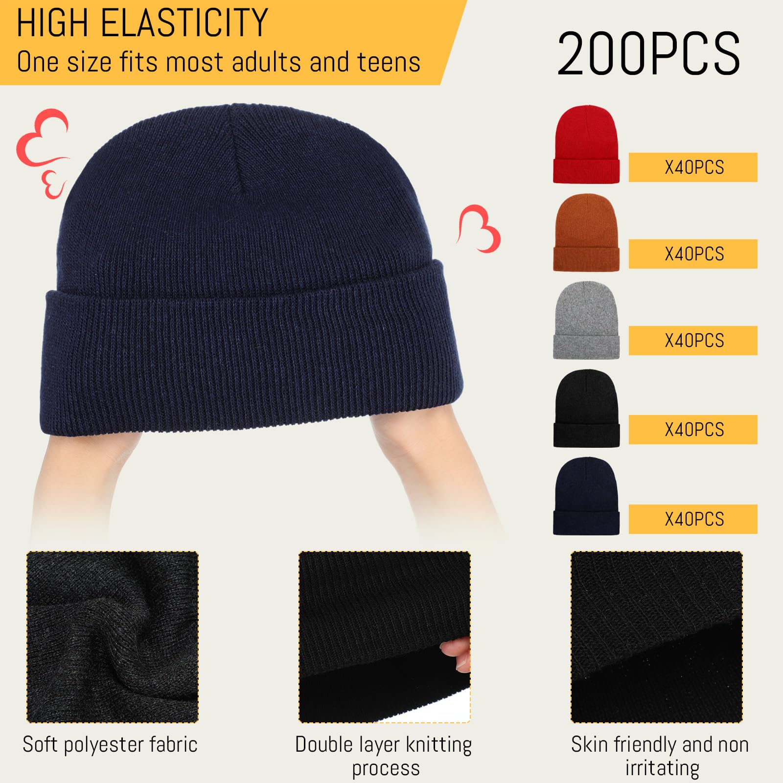 Toulite 200 gorros de invierno a granel para donación de personas sin hogar, unisex, gorro de punto cálido