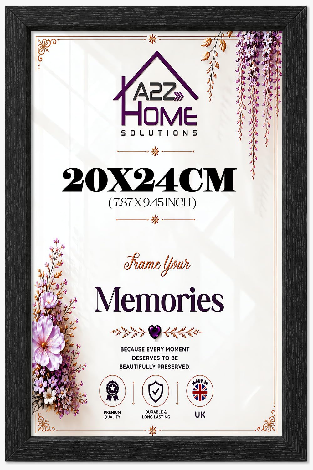 A2Z Home Solutions 20x24cm Gallery Wall Frame with a Sleek Contemporary Moulding and UV Protective Acrylic Glazing, Perfect for Displaying Art Prints and Everyday Living Room Wall Decor, in Black