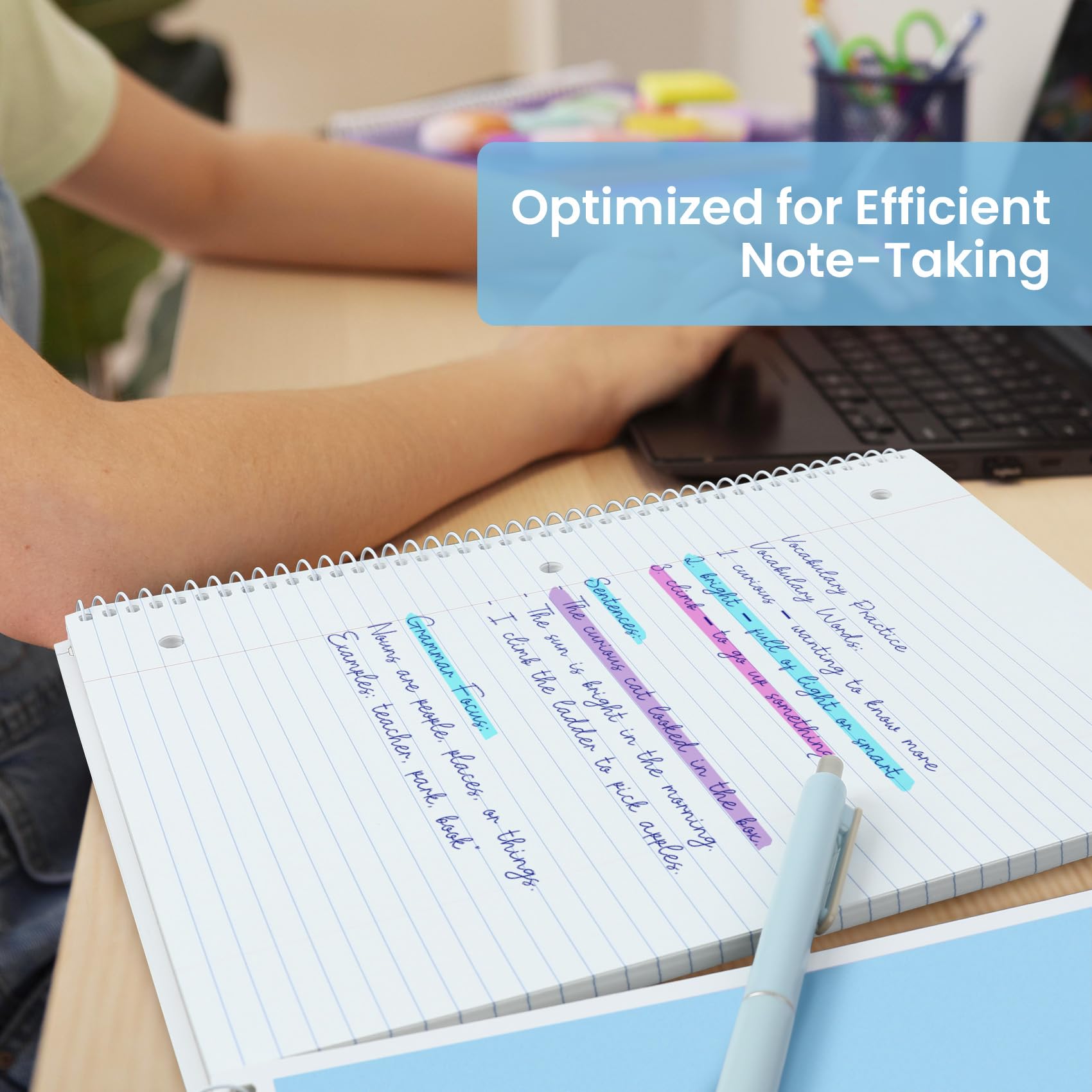 Taja Spiral Notebooks College Ruled, 4 Pack, 8" x 10-1/2", 140 Pages (70 Sheets), 3-Hole Punched Paper, Assorted Pastel Colors, 1-Subject Notebooks for School, Office, and Home Writing, Blue & Green - Image 7