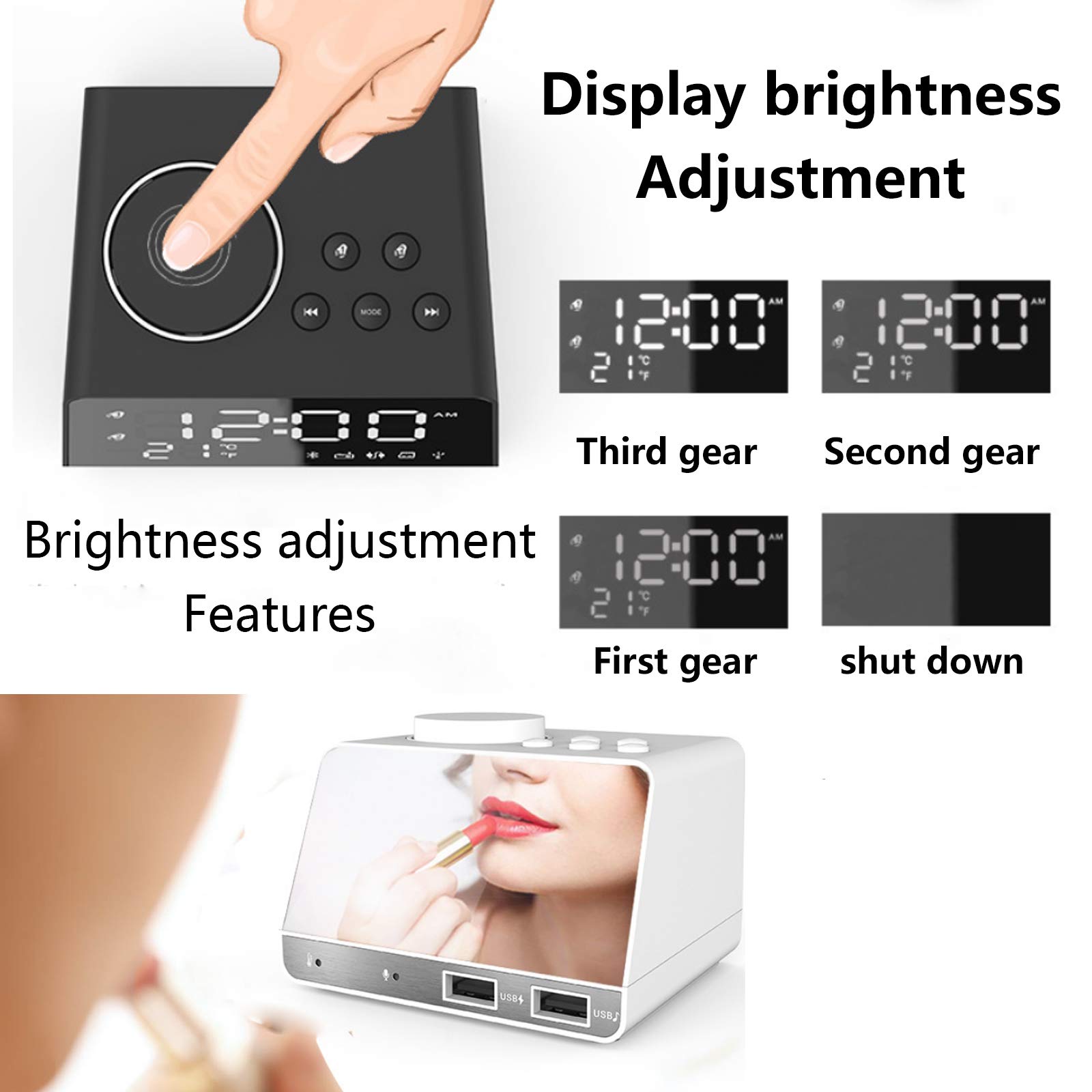 Réveil subwoofer avec chargement sans fil, horloges numériques pour la maison, haut-parleur Bluetooth avec port USB, double alarme, 3 luminosités réglables, lecteur, grand écran LED miroir pour