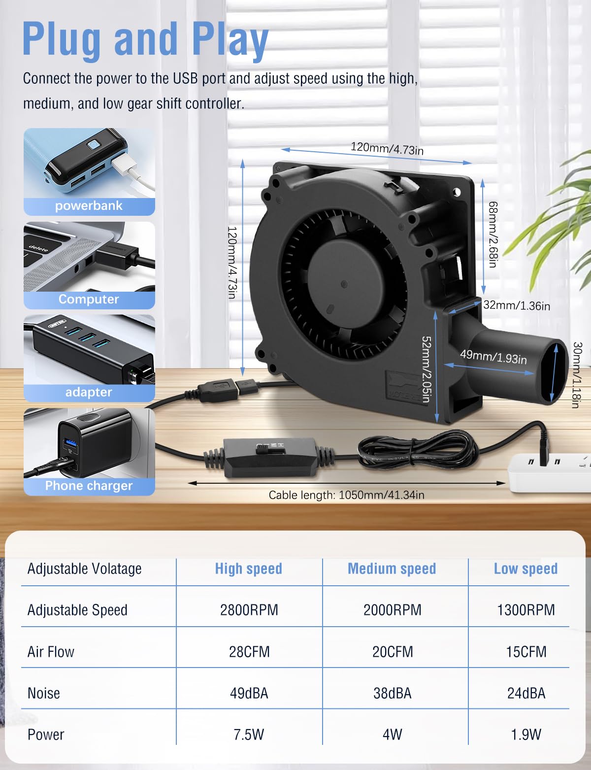 Wathai 120mm x 32mm USB Radiallüfter Gebläse Lüfter Turbinen mit Drehzahlregler für PC, Aufblasen, Kaminofen, BBQ Picknick, Growzelt, 3D Druck, Kühlung Lüfter für Haushaltsgeräte mit Rohr