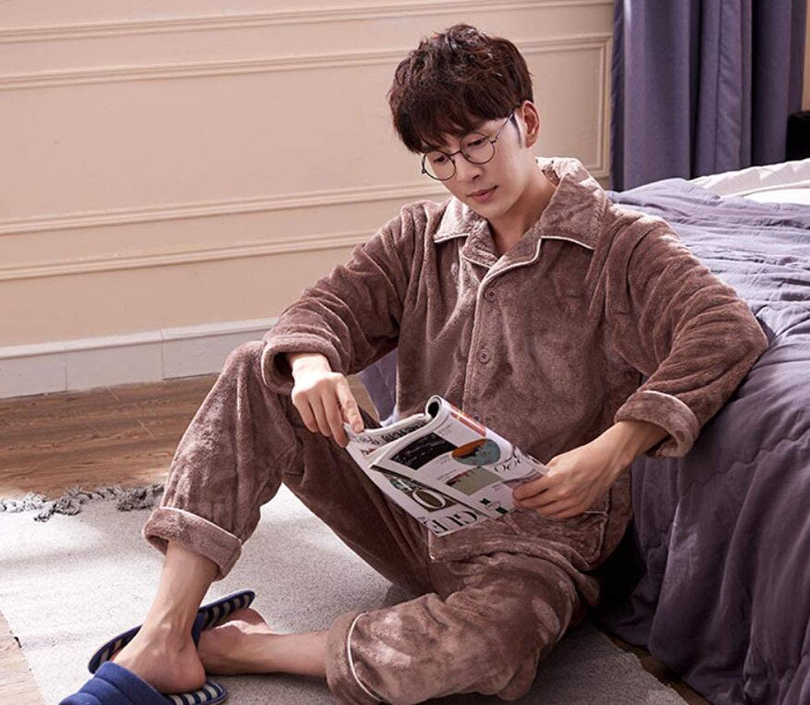 Pijamas Pijama para Hombre, Pijamas,Mobiliario for el hogar de Franela Gruesa y cálida de otoño e Invierno,Solapa de Color sólido con un cómodo Conjunto de Pijama