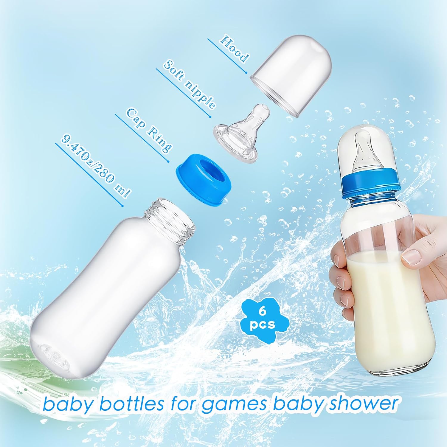 6 Sets Baby Bottle Games Shower DIY Adult Bibs for Diaper Game Plastic Bottles for Baby Shower Games,Gender Reveal Chugging Game Supplies with Disposable Bibs for Party Fun (Light Blue)