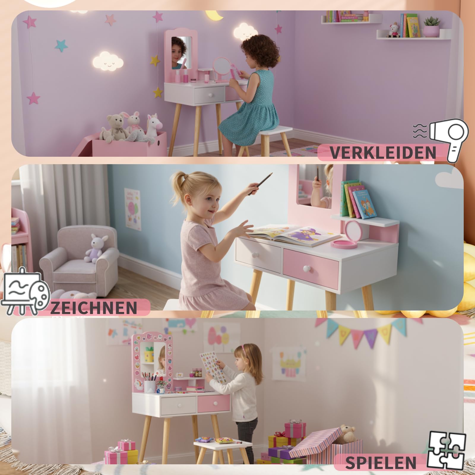 Clevich 2 in 1 Schminktisch Kinder Set, Prinzessin Frisiertisch mit Abnehmbarem Spiegel, 2 Schubladen, Schreibtisch Holz mit Hocker, für Kinder von 3 bis 8 Jahren, Rosa