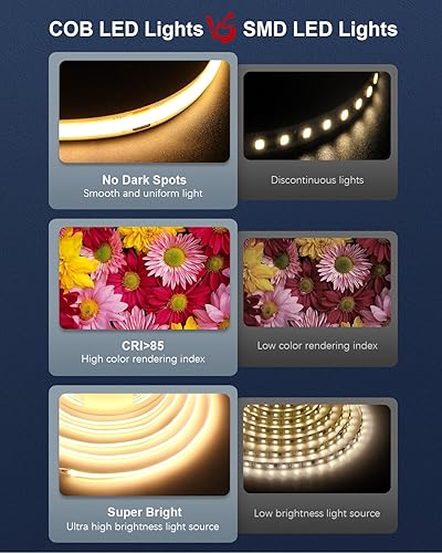 Miniatura 4 de ALITOVE Luces LED COB de 32.8 pies para dormitorio con control remoto blanco cálido 3000 K regulables, tira de luces LED CRI90+ de alta densidad,