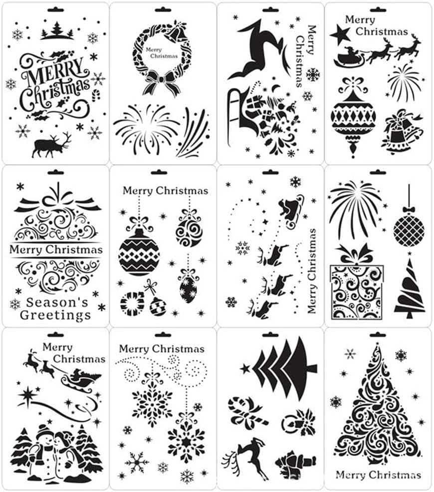 of 12Pcs Large Hollow-Out Christmas Painting PET Stencils Set Graffiti Template for Art Handcraft Scrapbooking Christmas Stencils for Painting on Wood Canvas Shirts Glass Ornaments