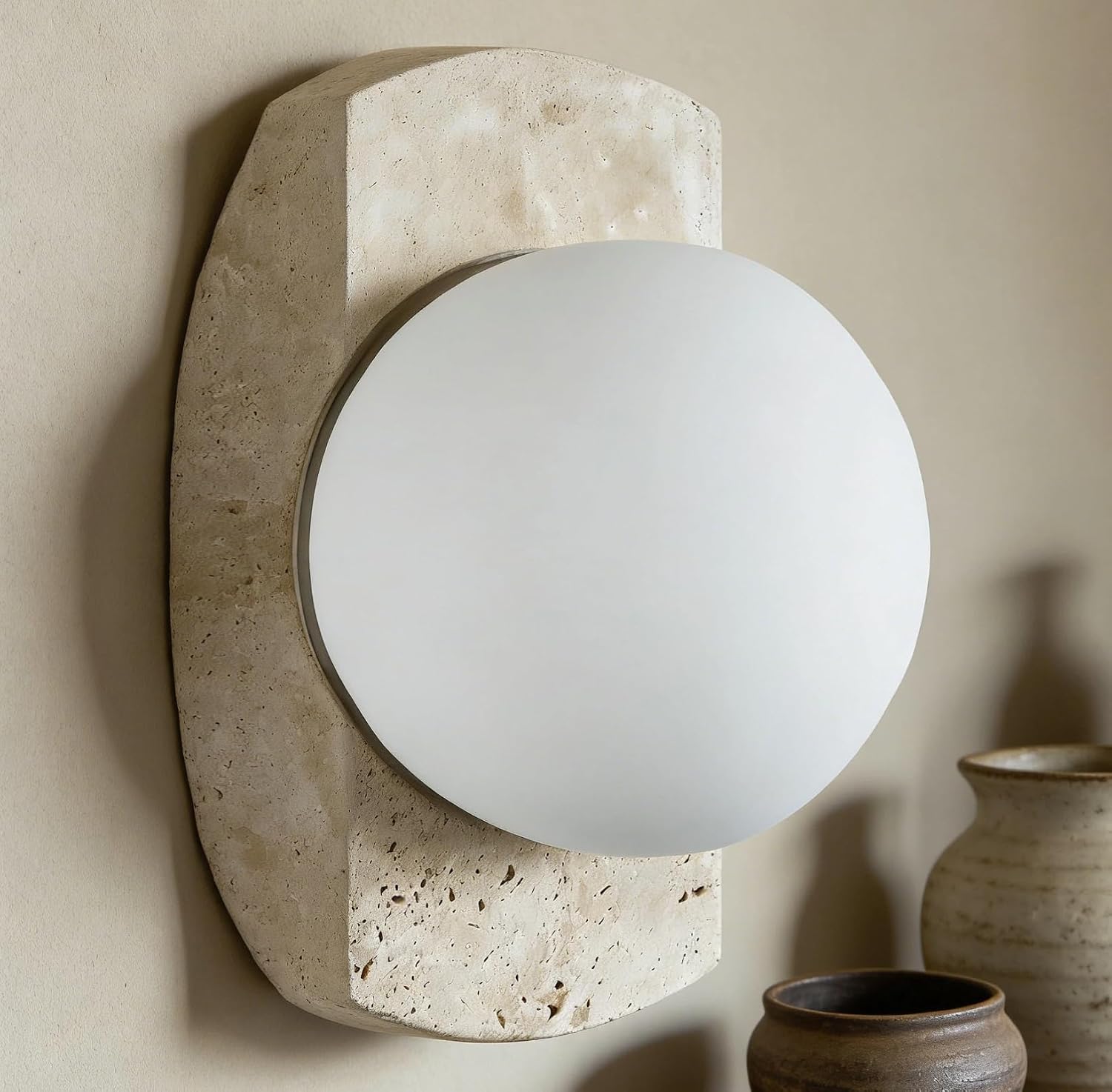 11" Crescent Travertine Wall Lamp, Japanese Style Wabi-Sabi Art Lighting Fixture, Stone Wall Sconce with Opaline Glass Globe Shade, Modern Bedside Sconce for Hallway, Bedroom, Living Room